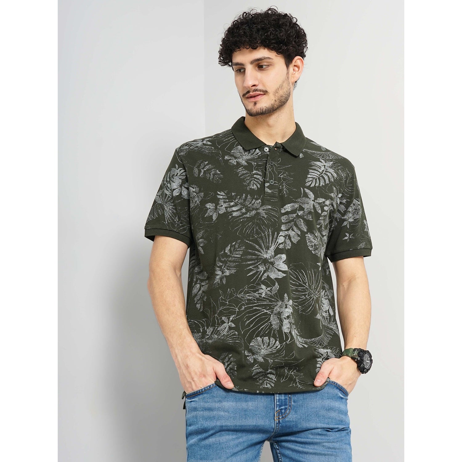 Olive Cotton All Over Print T-Shirt