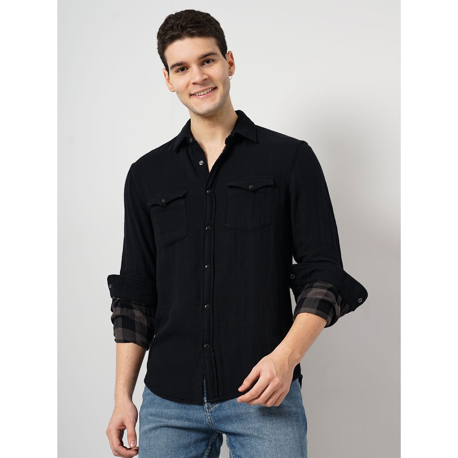 Cotton Black Solid Double Cloth Shirt