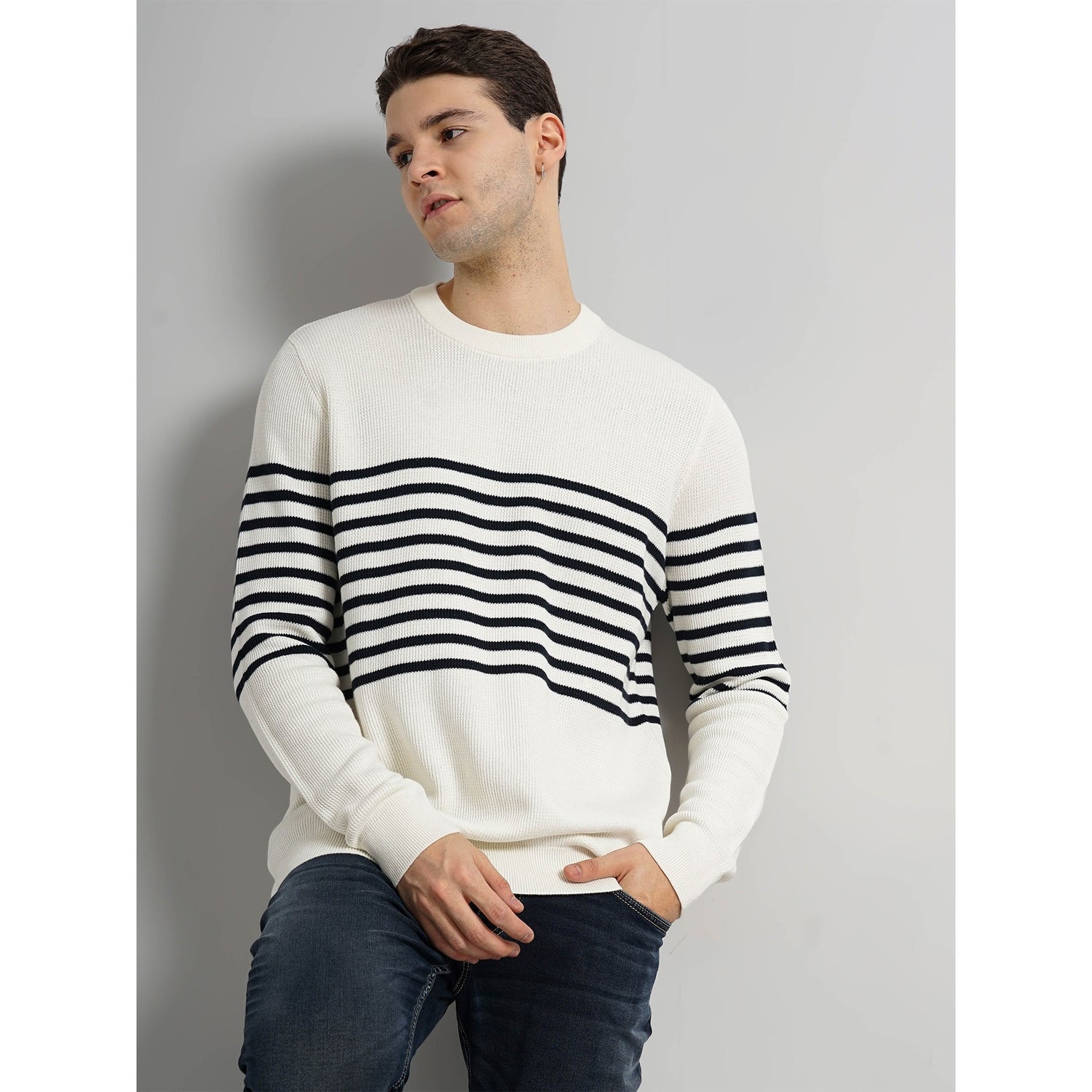 Cotton Off-White Horizontal Stripes Sweater