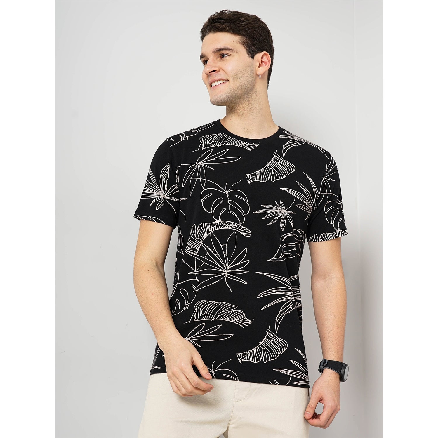 Cotton Black Leaf-Print T-shirt