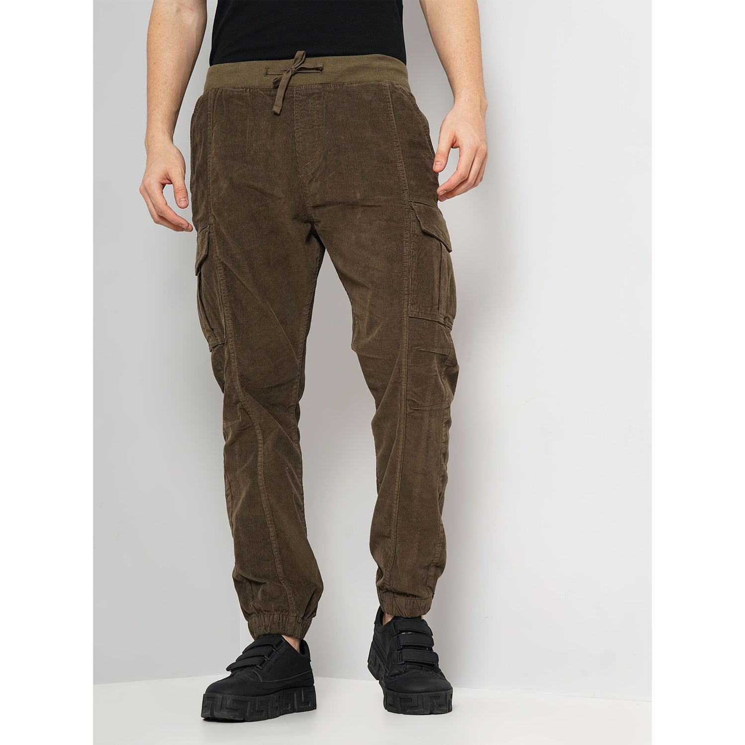 Cotton-Blend Brown Solid Cargo Trousers