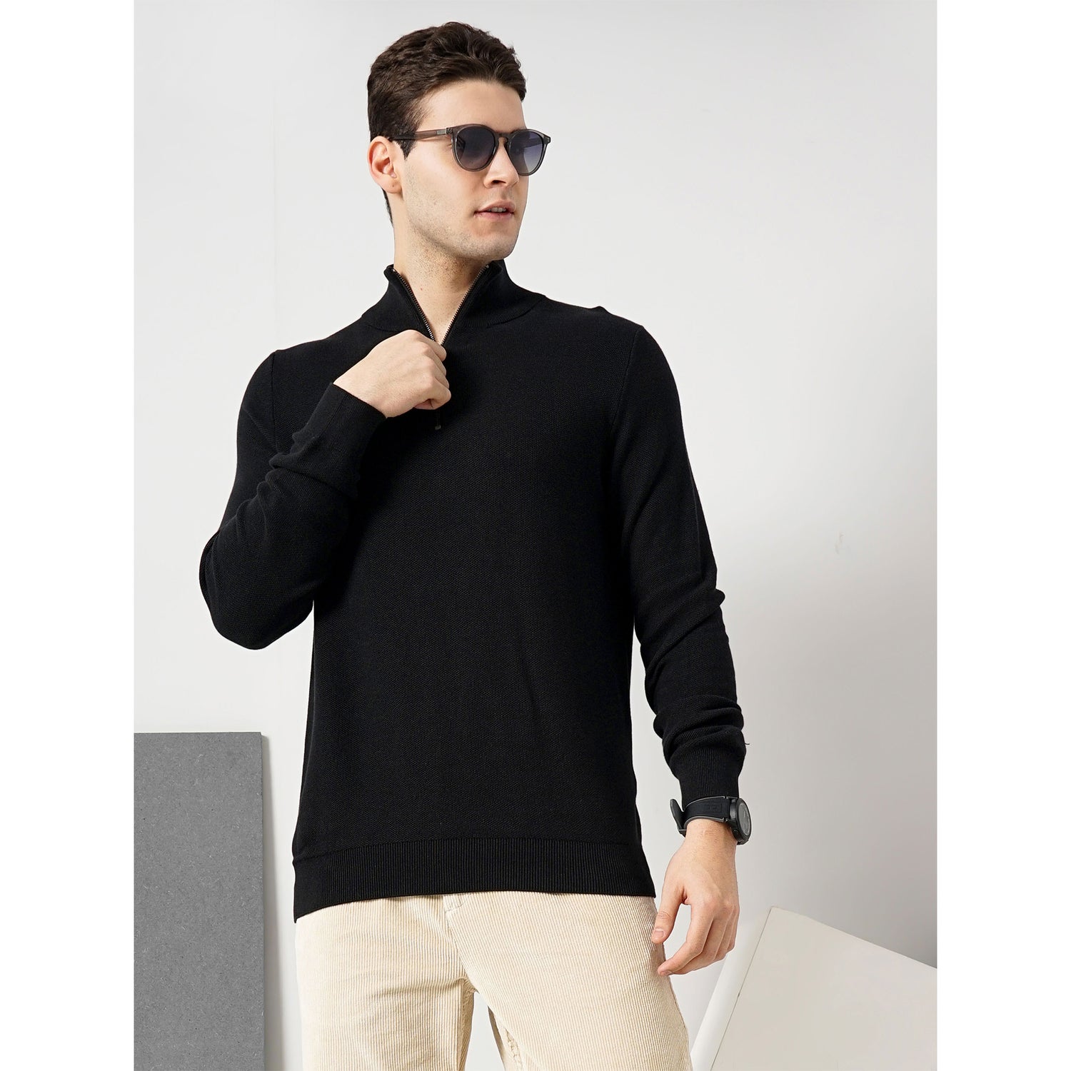 Cotton Black Solid Sweater