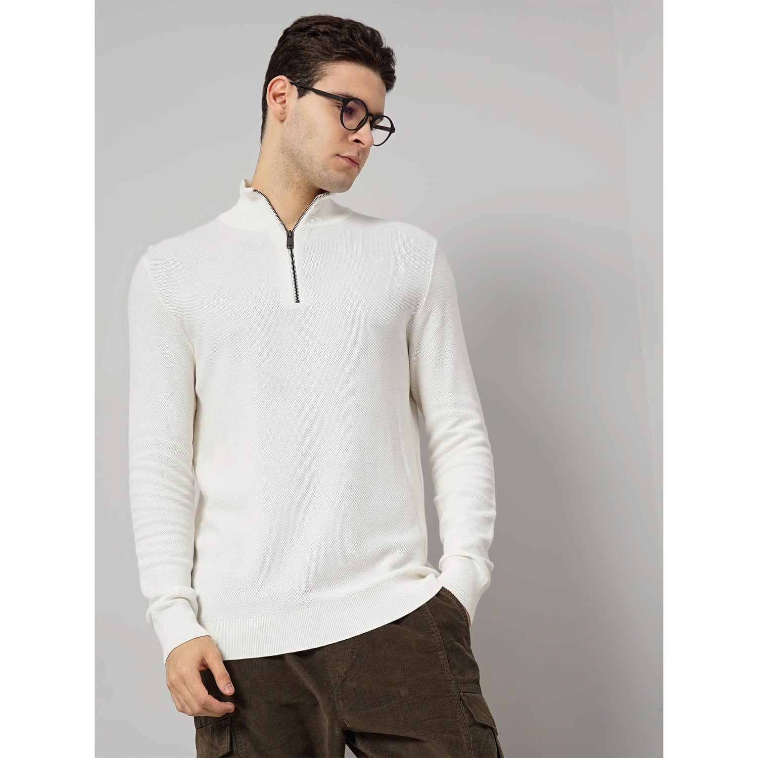 Cotton Off-White Solid Sweater