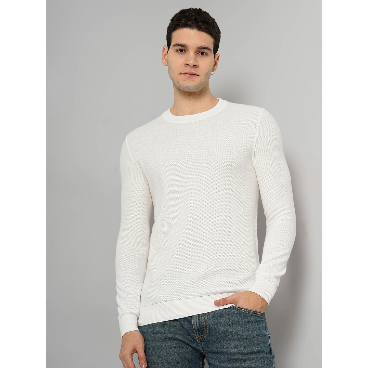 Cotton Off-White Solid Sweater