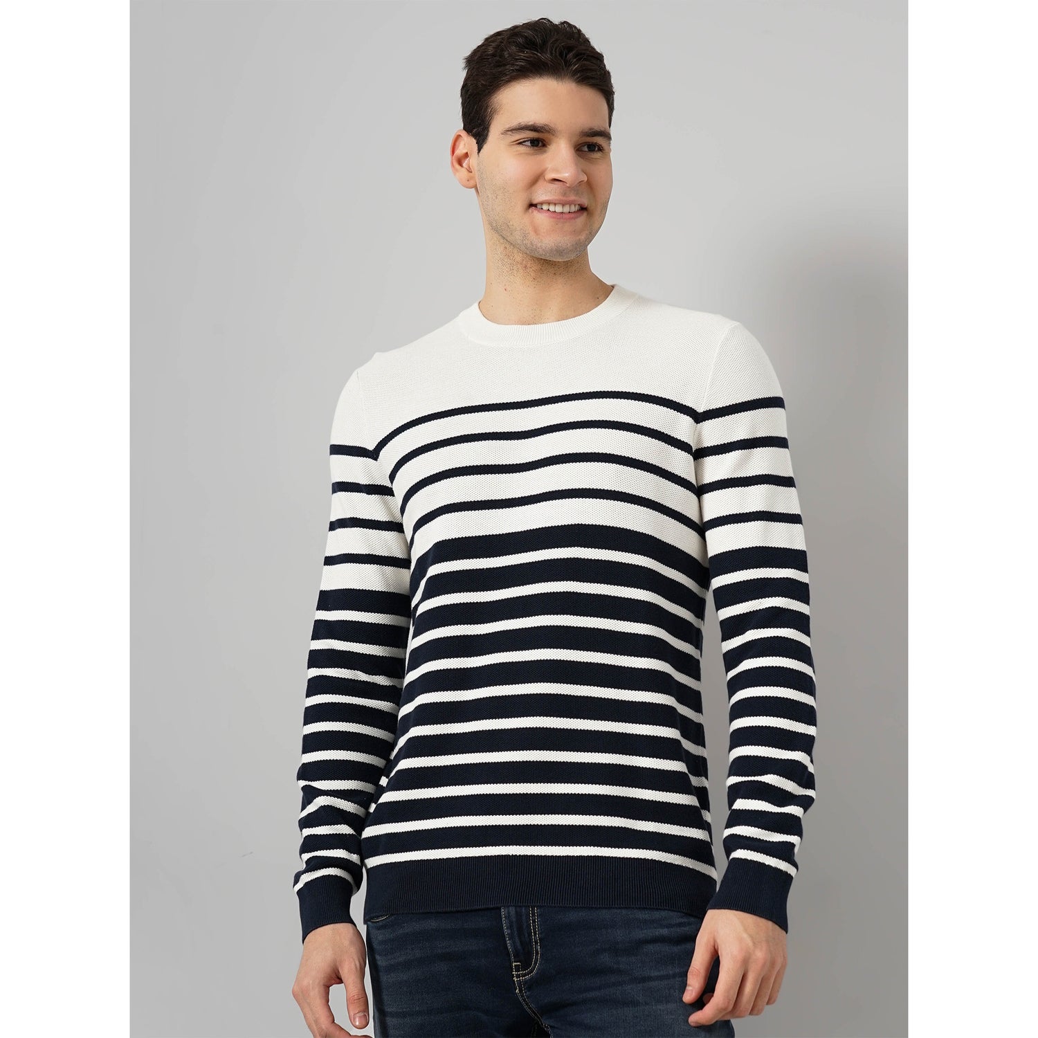 Cotton White Horizontal Stripes Sweater