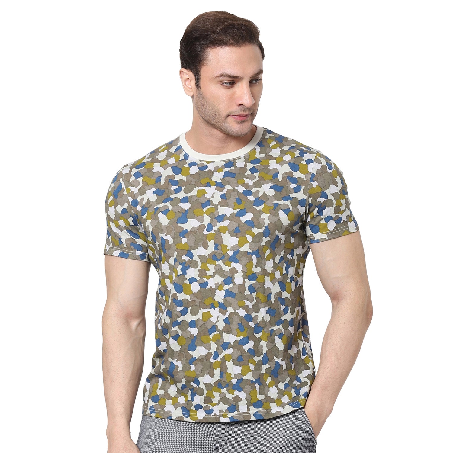 Kaki Printed Straight Fit Casual T-shirt (TEBROUILLEI)