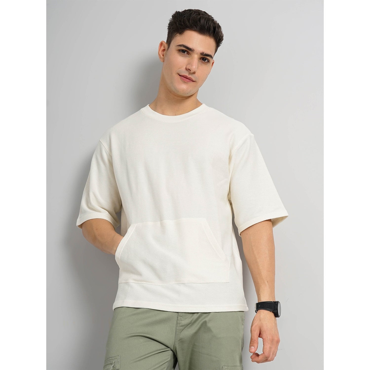 Solid Beige Cotton T-Shirt (FEKANGIN)