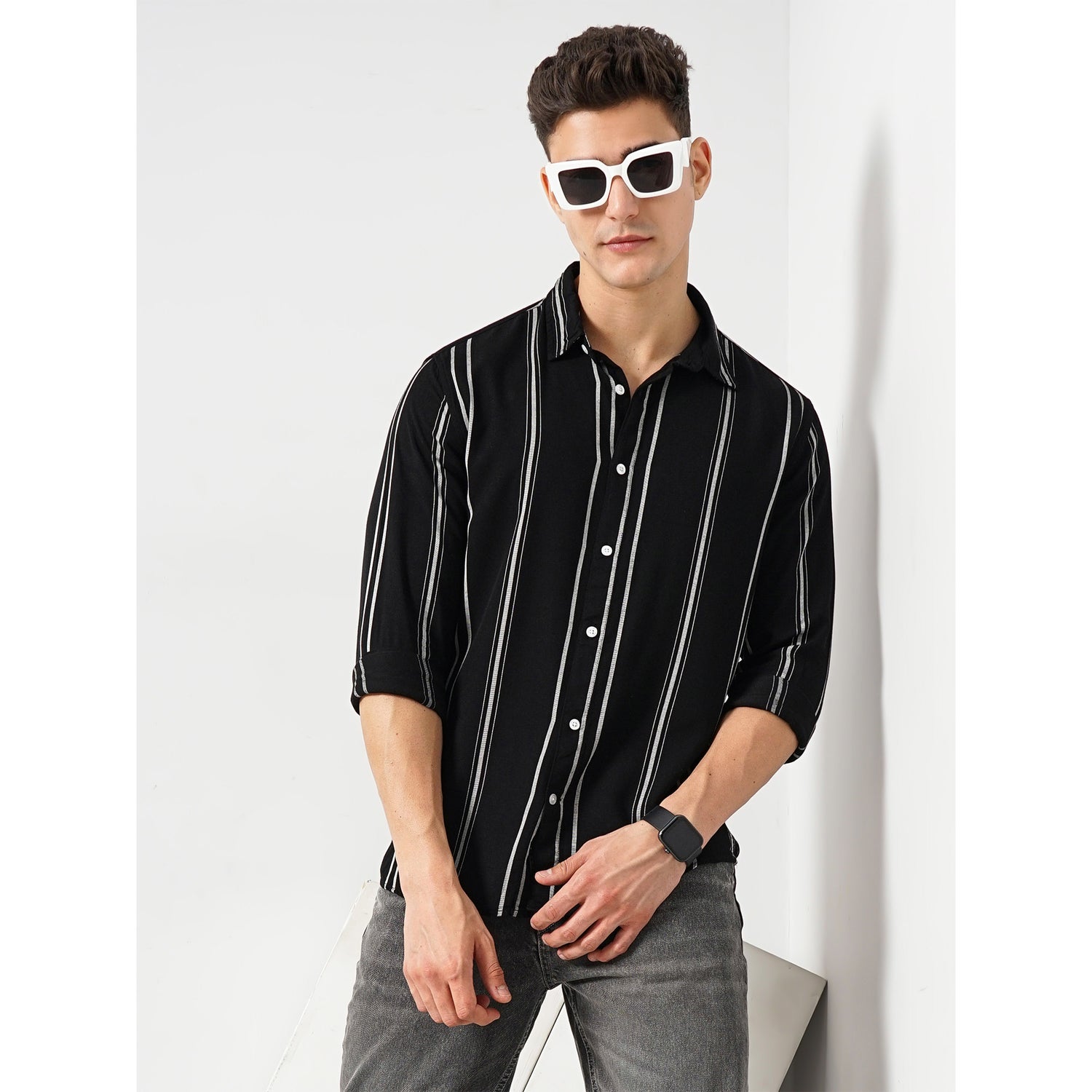Vertical-Stripes Black Viscose Shirt (FAVISTRIP)