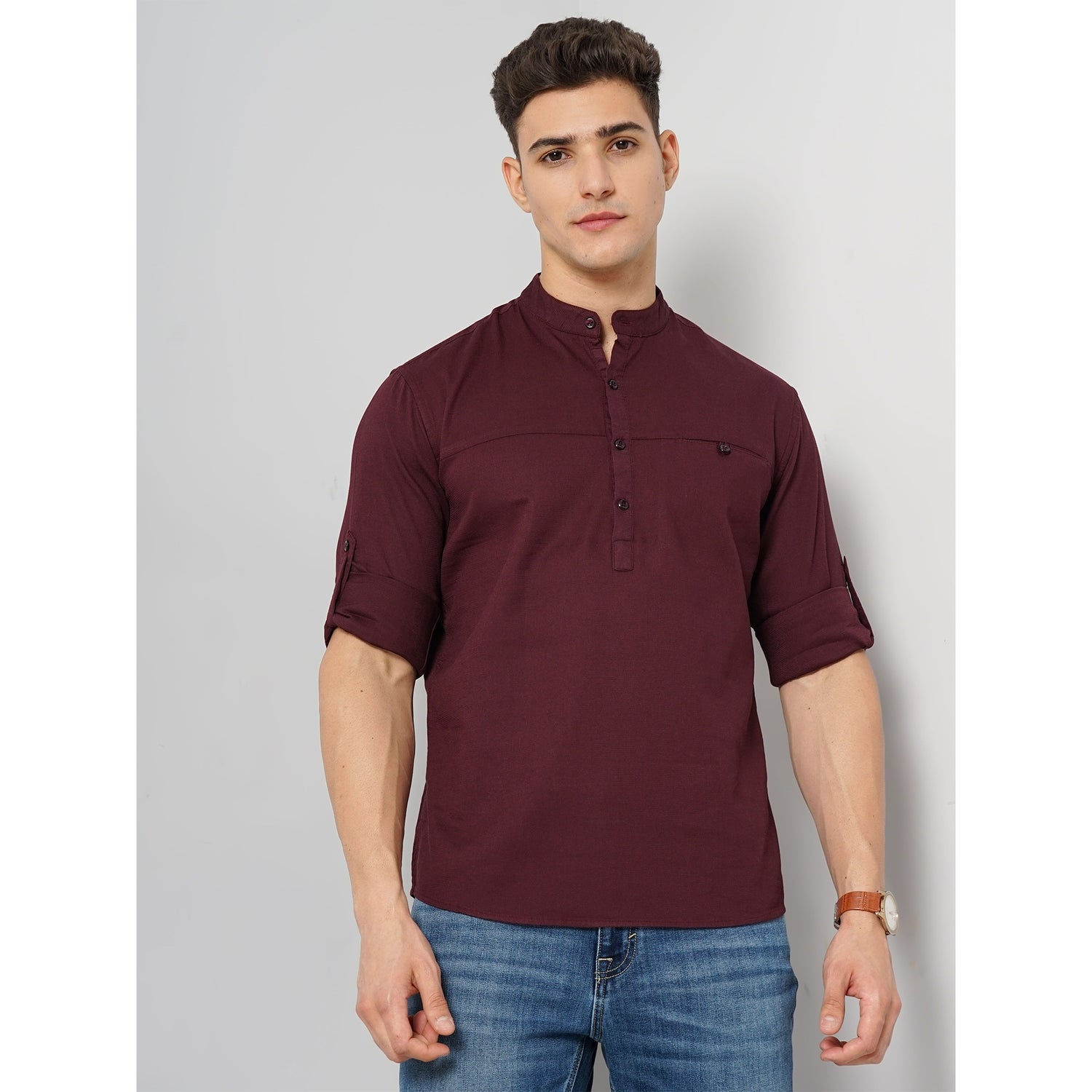 Men's Solid Burgundy Full Contemporary Cotton Shirt (FAWAFLMAO)