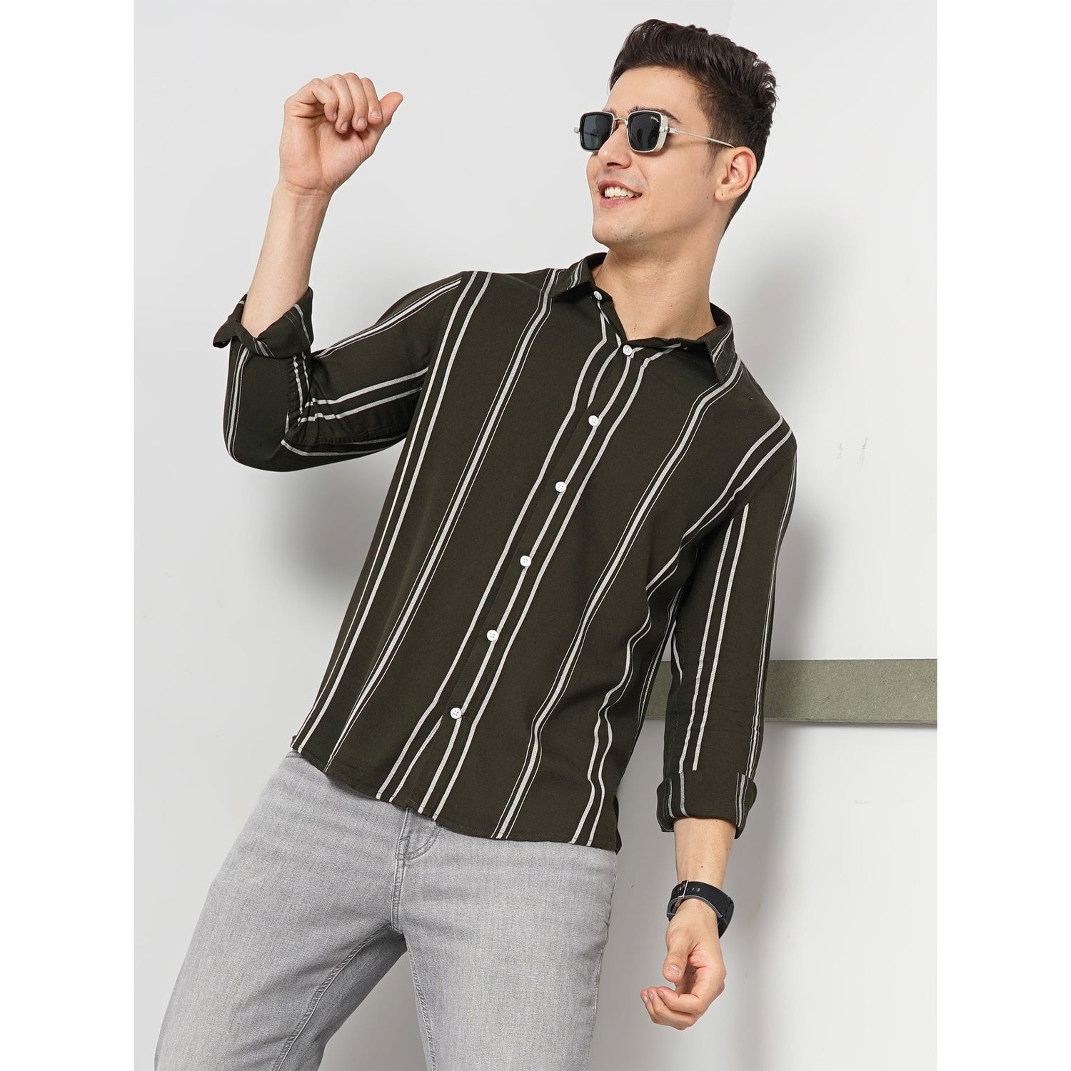Vertical-Stripes Olive Viscose Shirt (FAVISTRIP)