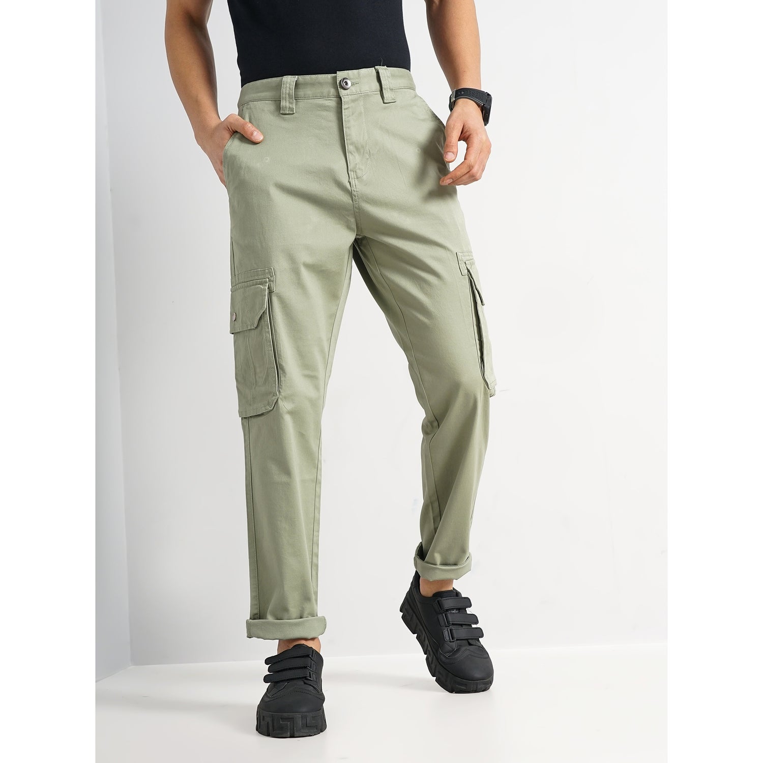 Solid Light-Green Cotton-Blend Trousers (FOVENT)