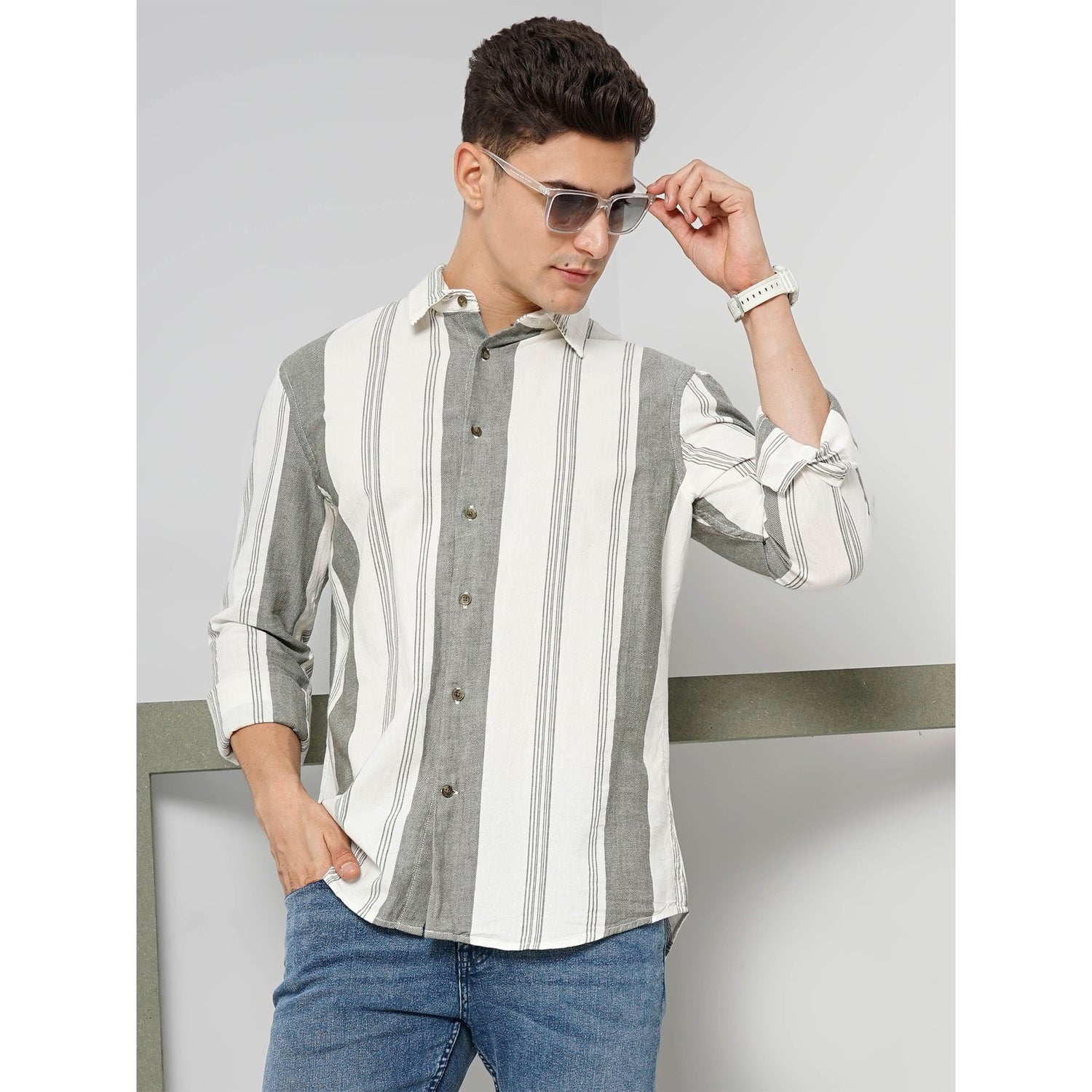 Vertical-Stripes Cream Full Linen Shirt (FALINLINE)
