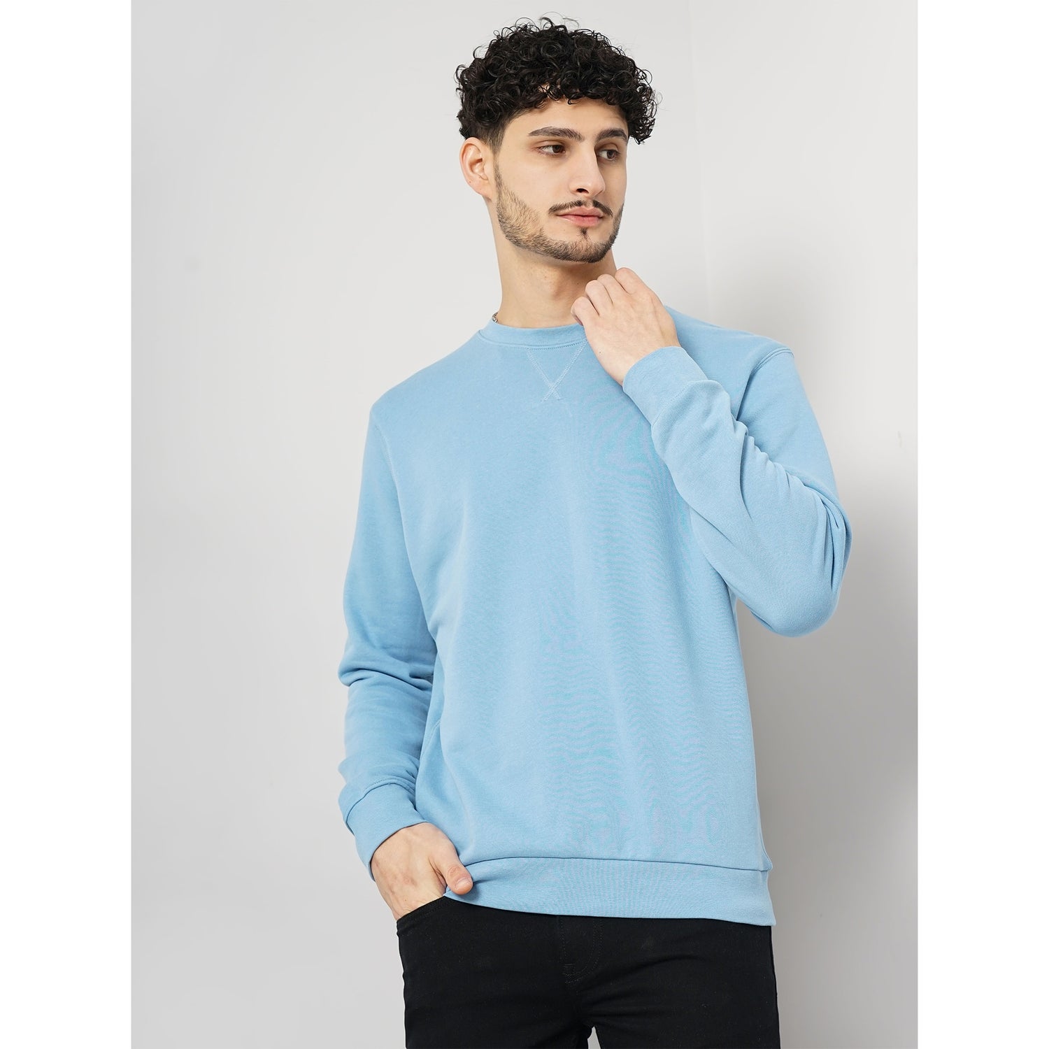 Solid Blue Full Round Neck Sweater (FESEVEN)