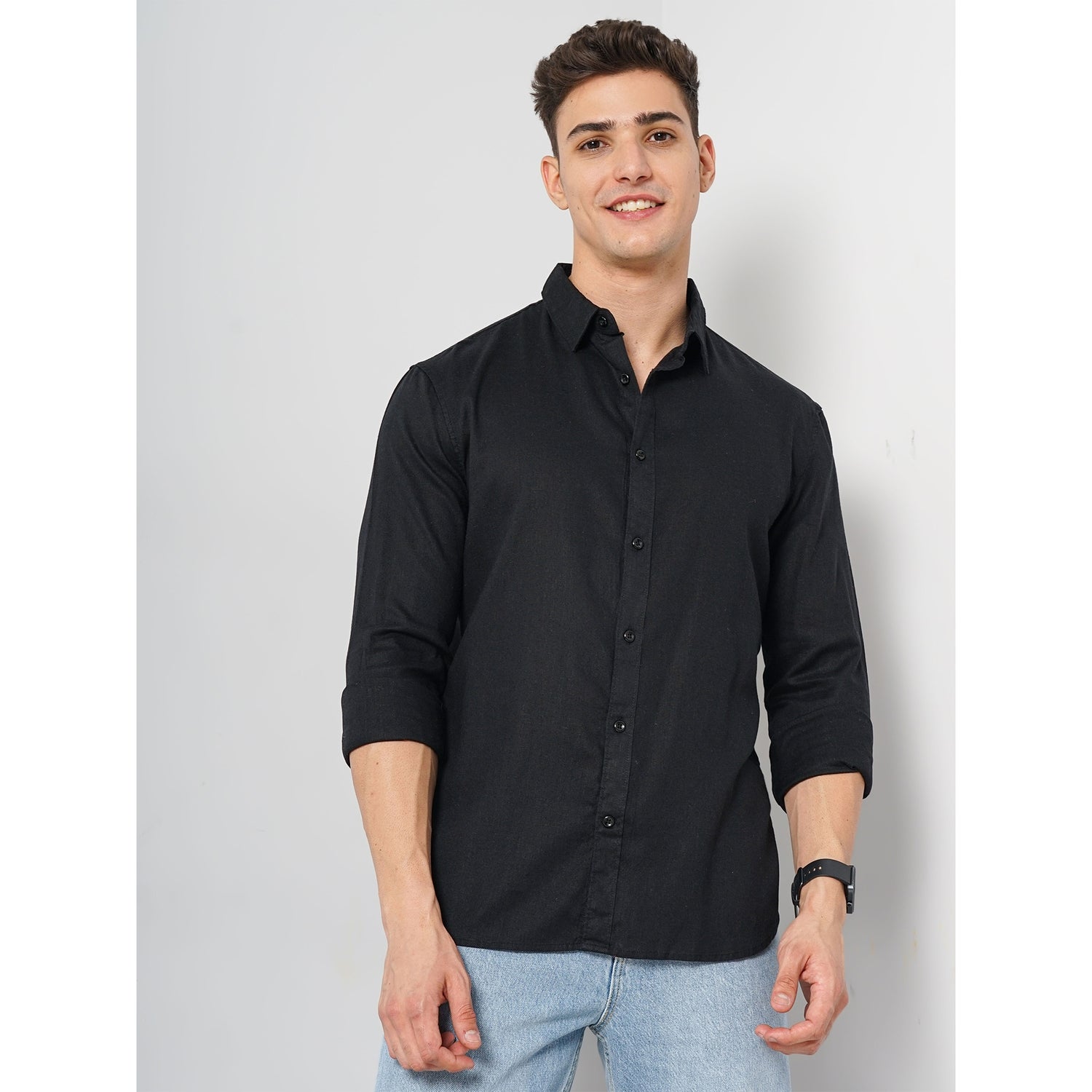 Solid Black Full Linen Shirt (FAMODLIN)
