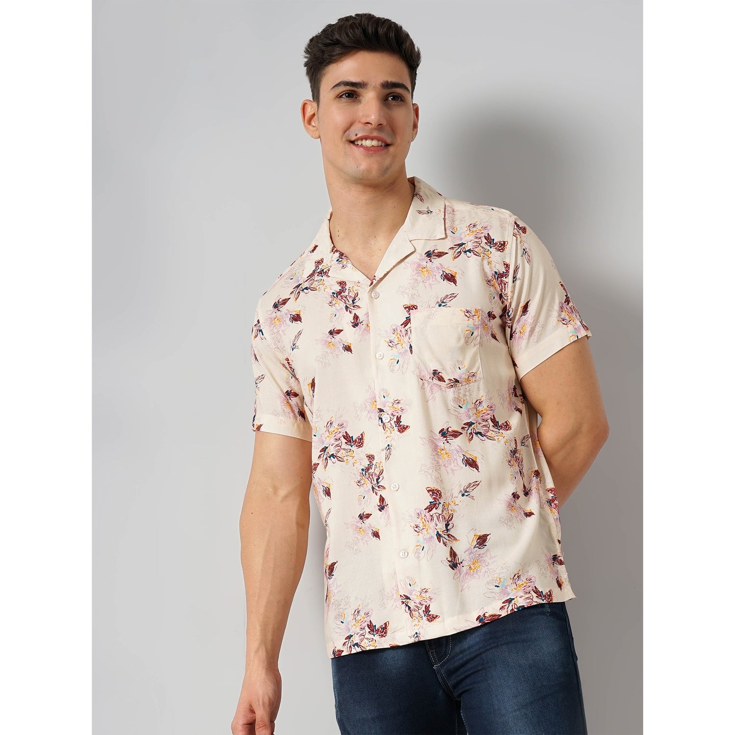 Floral Beige Half Soft Touch Shirt (FAVISPRINGD)