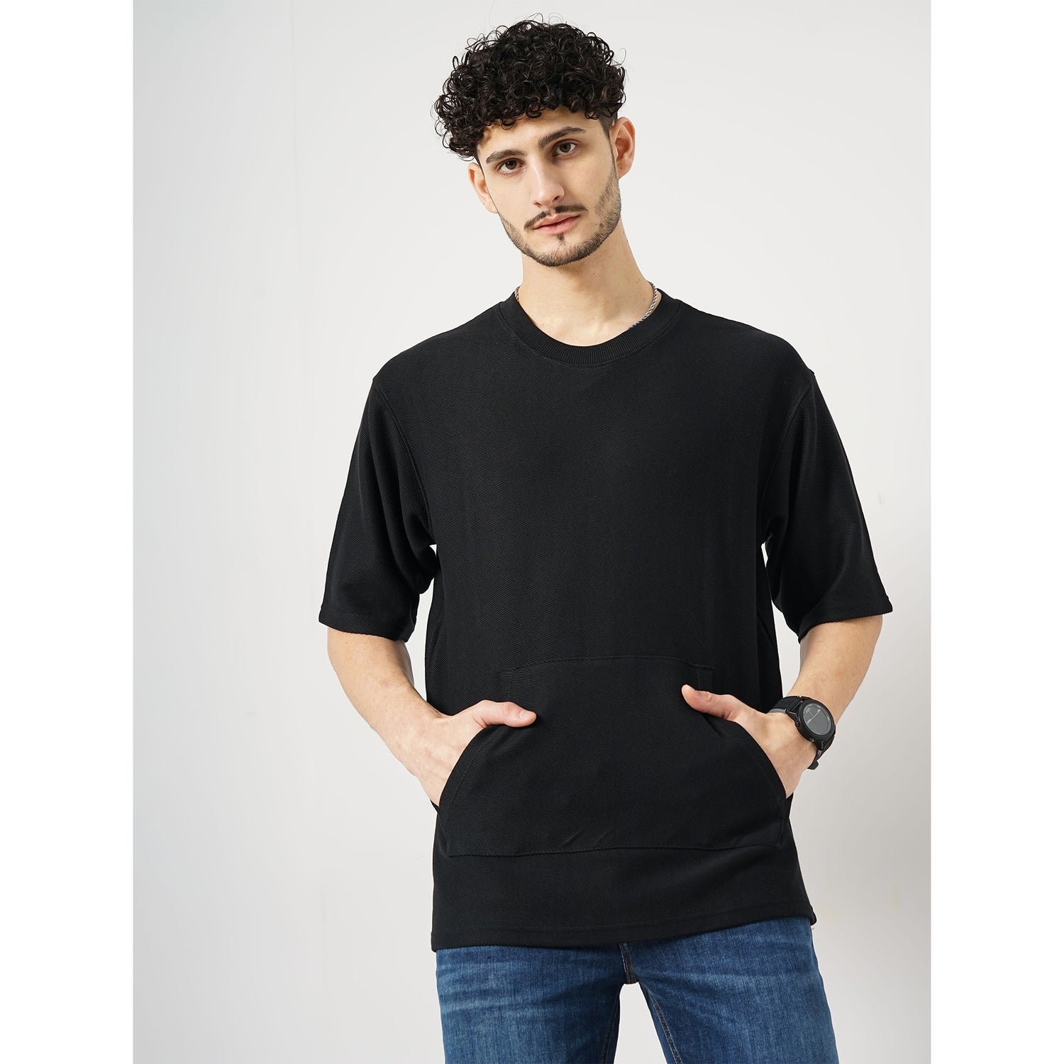 Solid Black Half Round Neck Structured Tshirt (FEKANGIN