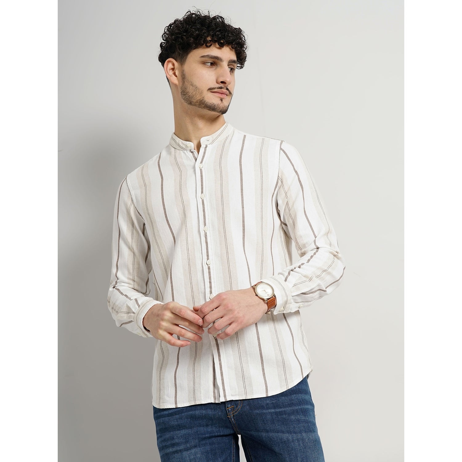 Men Brown Striped Regular Fit Cotton Linen Casual Shirt (GALINLINE)