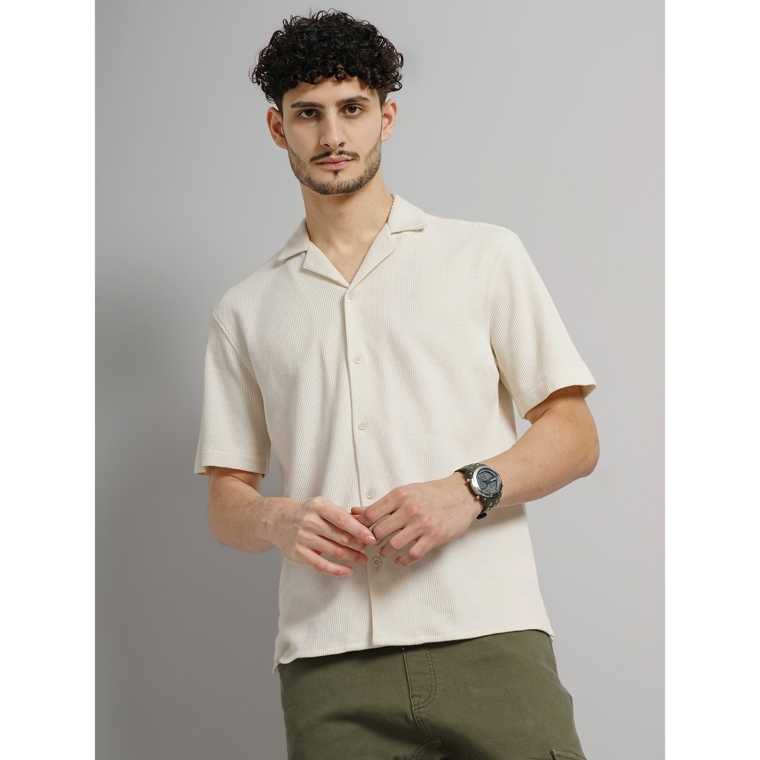 Men Beige Solid Regular Fit Cotton Flat Knit Casual Shirt (GABAKNIT)