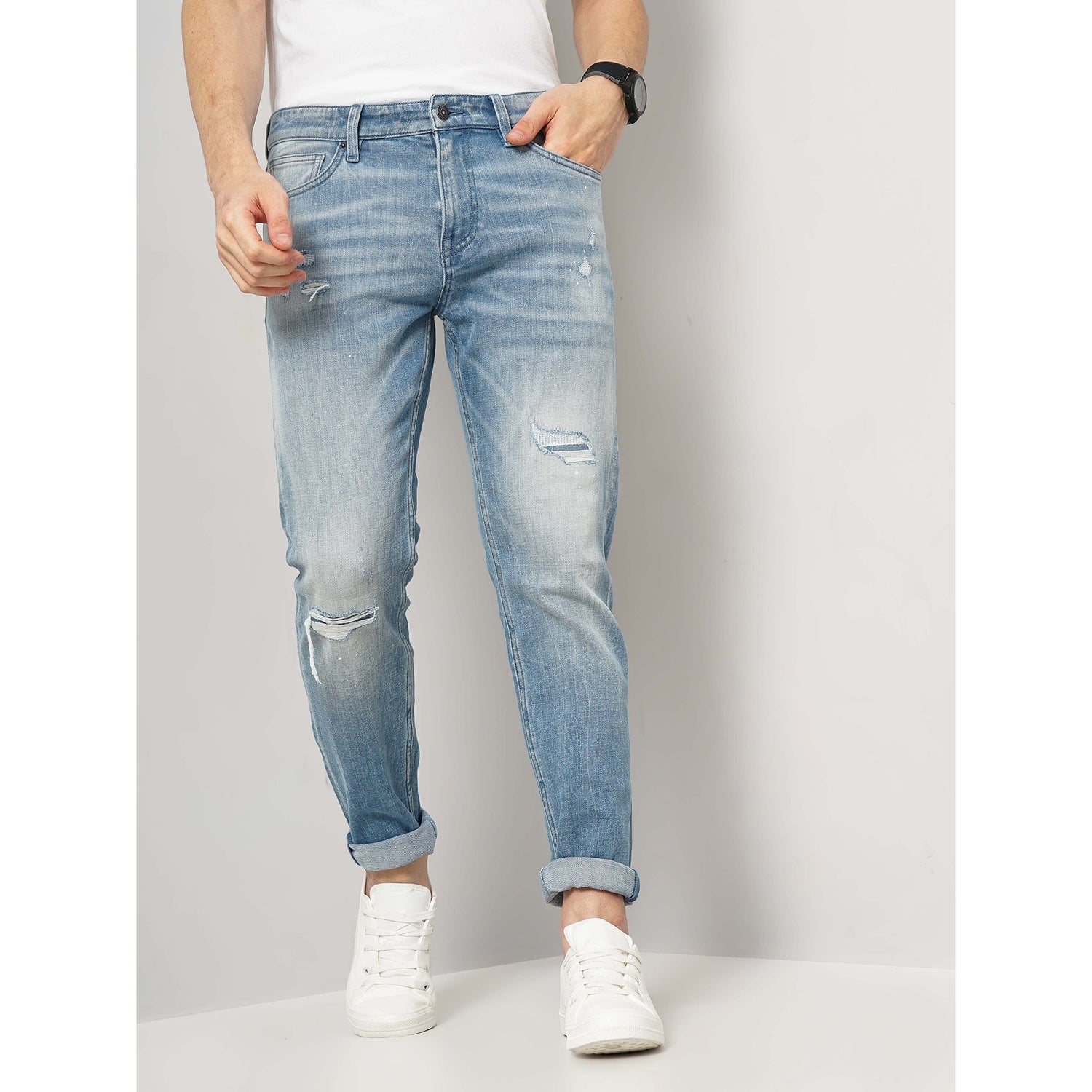 Men Light Blue Slim Fit Cotton Distress Denim Jeans (GOSTROY)