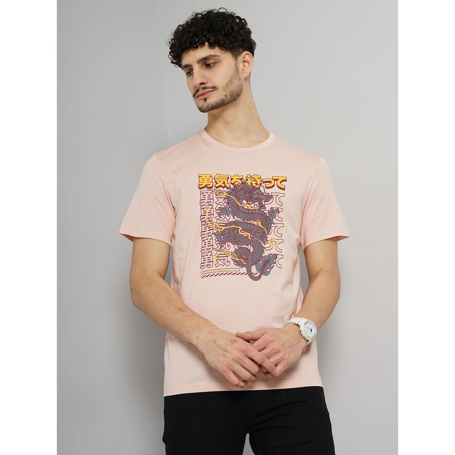Men Pink Printed Regular Fit Cotton Graphic Tshirt (GELAMPI)