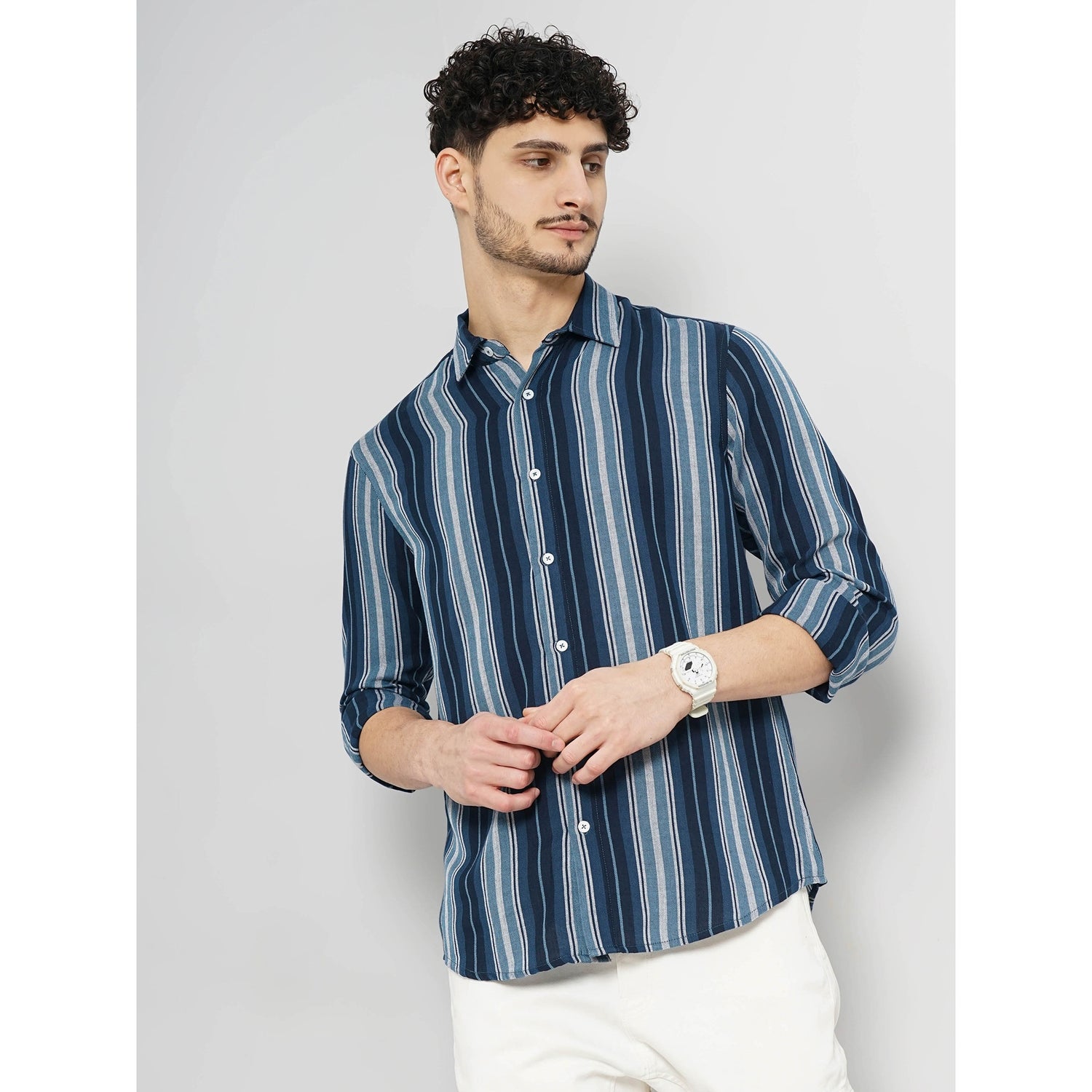 Men Blue Striped Regular Fit Cotton Casual Shirt (GABASTRIP)
