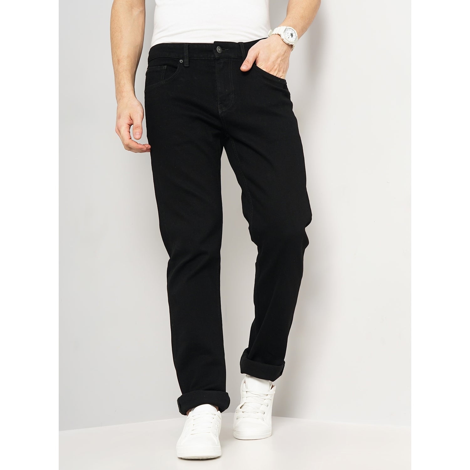Men Black Straight Fit Cotton Twill Denim Jeans (STRAIGHT3L)