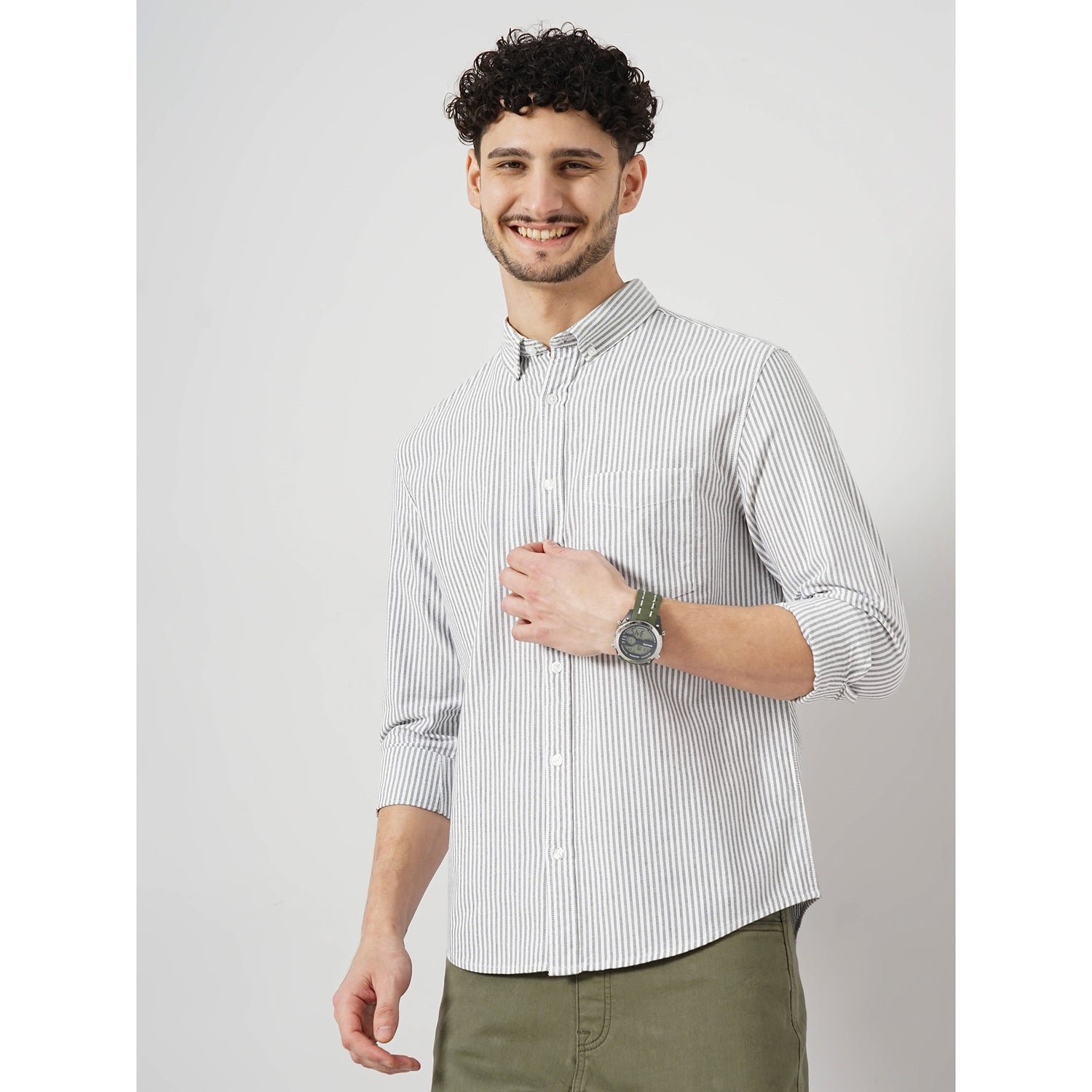 Men Black Striped Regular Fit Cotton Casual Shirt (CAOXFORDY1)