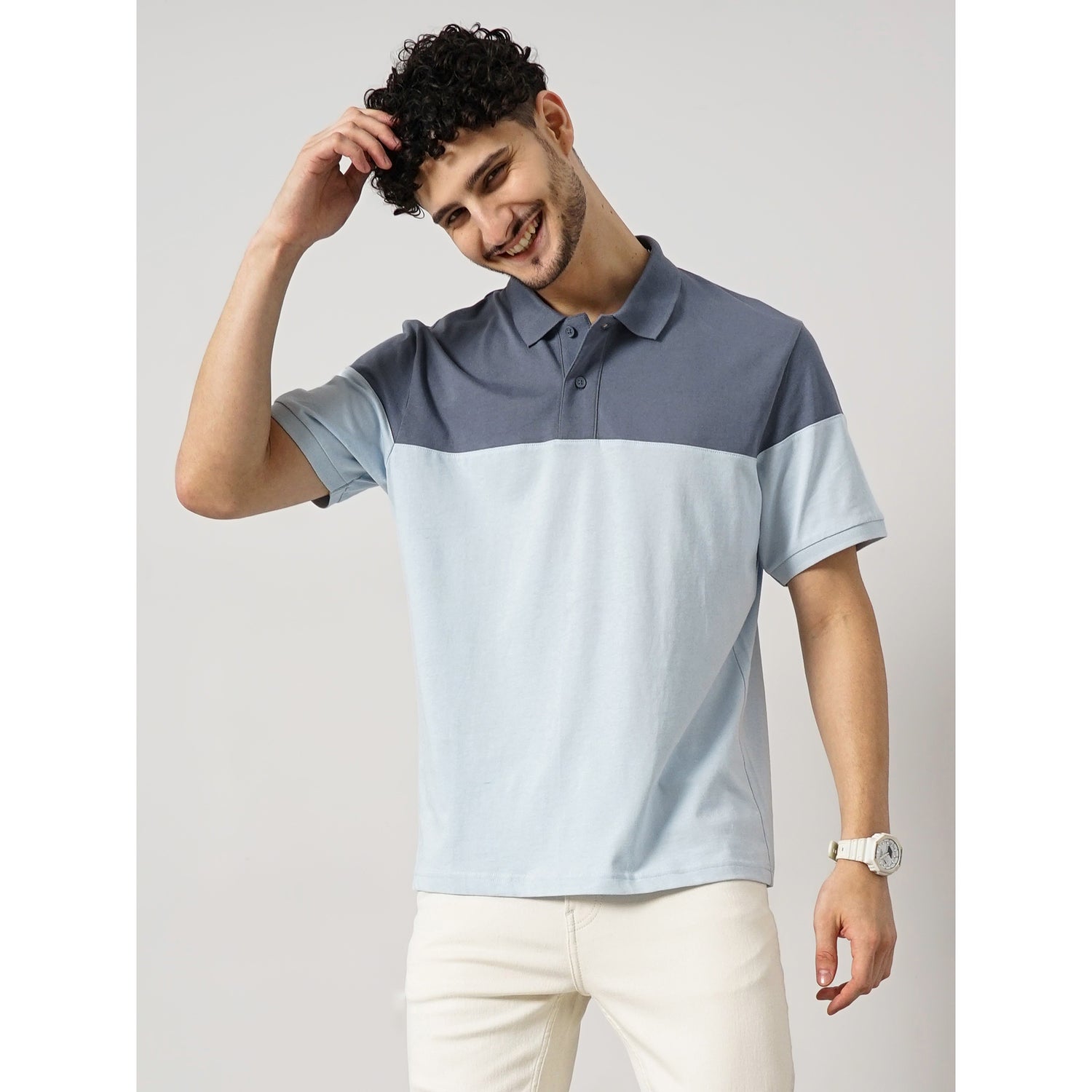 Men Blue Colourblocked Regular Fit Cotton Fashion Polo Tshirt (GEINTE)