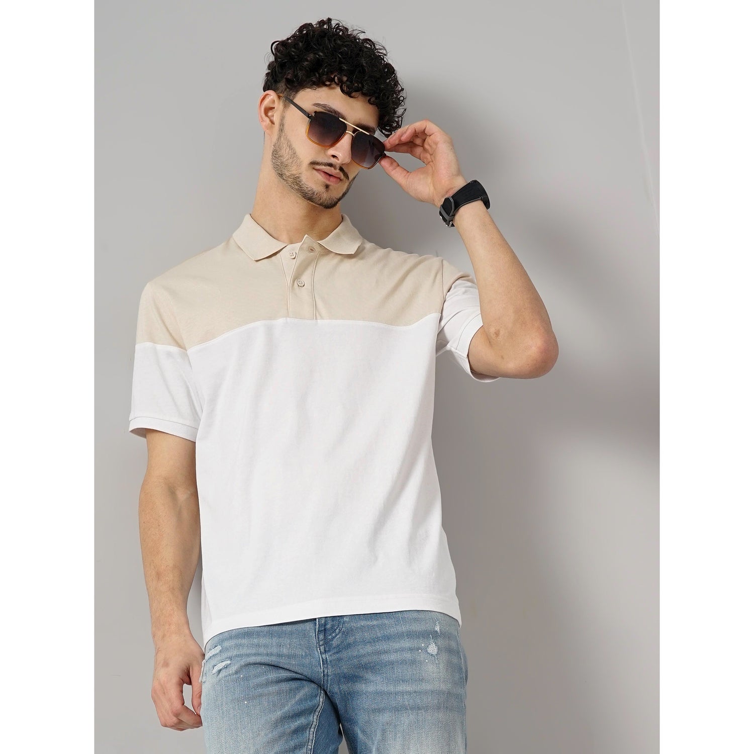 Men Off White Colourblocked Regular Fit Cotton Fashion Polo Tshirt (GEINTE)