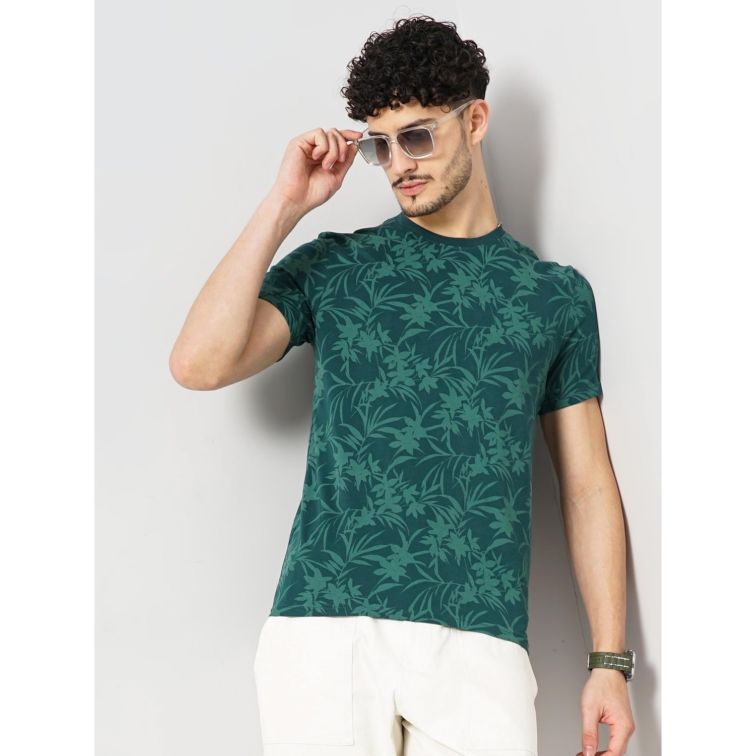 Men Green Printed Regular Fit Cotton All Over Print Tshirt (GEMOODIN)
