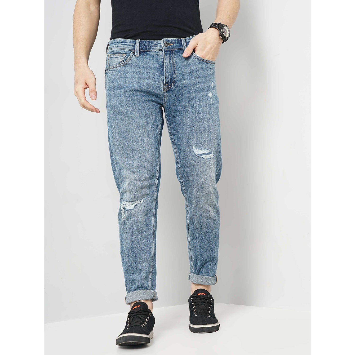Men Blue Slim Fit Cotton Distress Denim Jeans (GOSTROY)