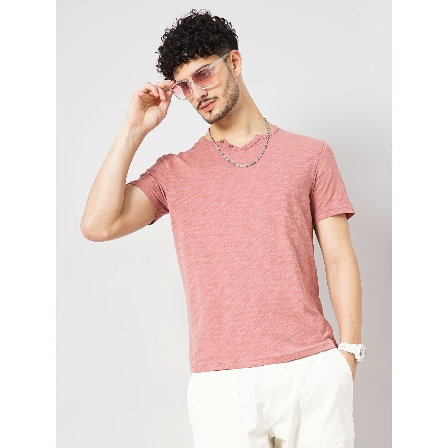 Men Pink Solid Regular Fit Cotton Fashion Tshirt (GETUNISIN)