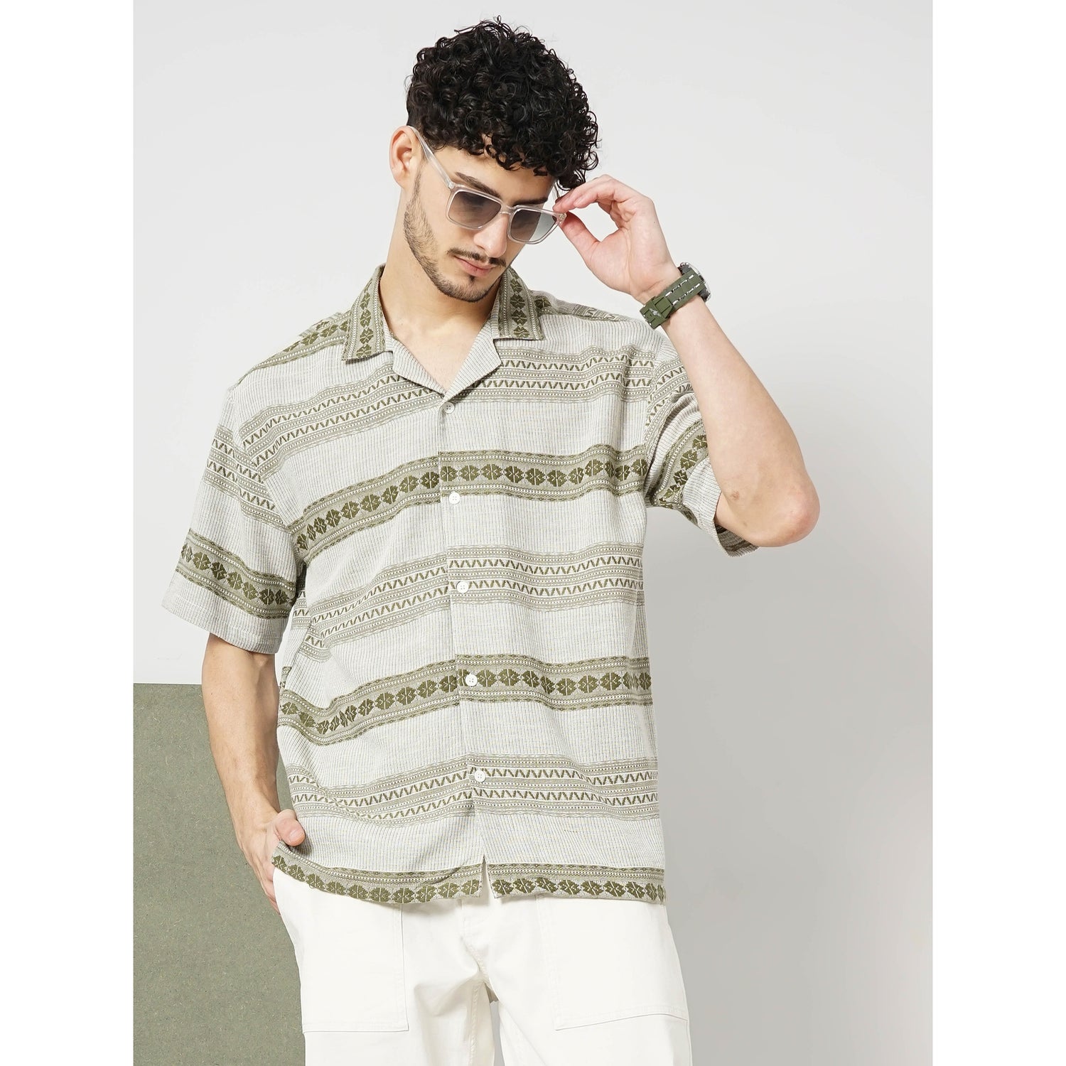 Men Olive Striped Boxy Cotton Casual Shirt (GAQUARD)