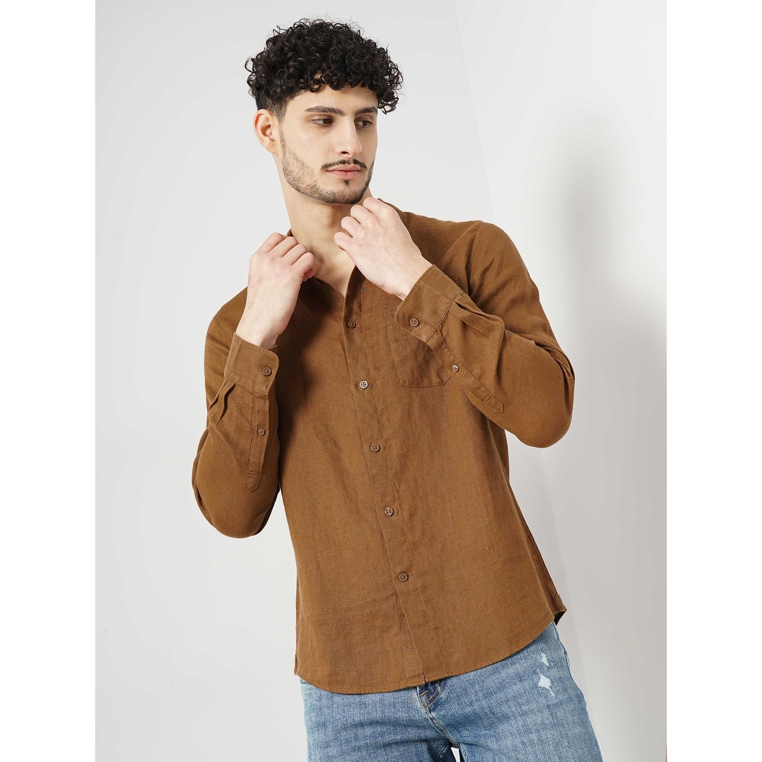 Men Brown Solid Regular Fit Linen Casual Shirt (GATALIN1)