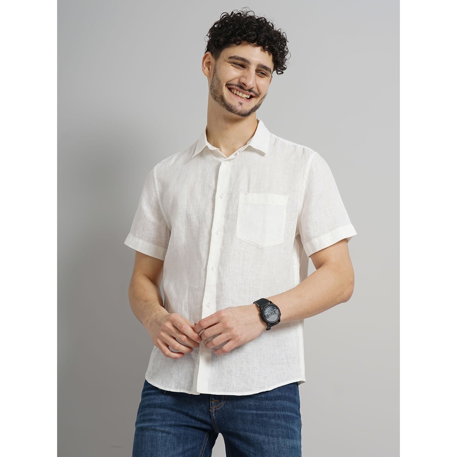 Men White Solid Regular Fit Linen Casual Shirt (DAMARLININ)