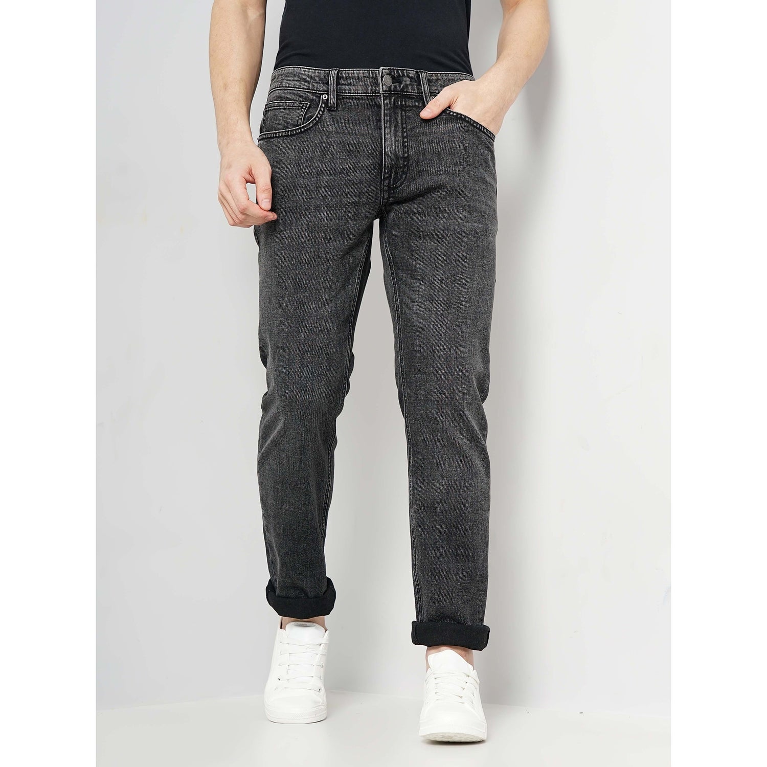 Men Black Straight Fit Cotton Twill Denim Jeans (GOBLACKINSTL)