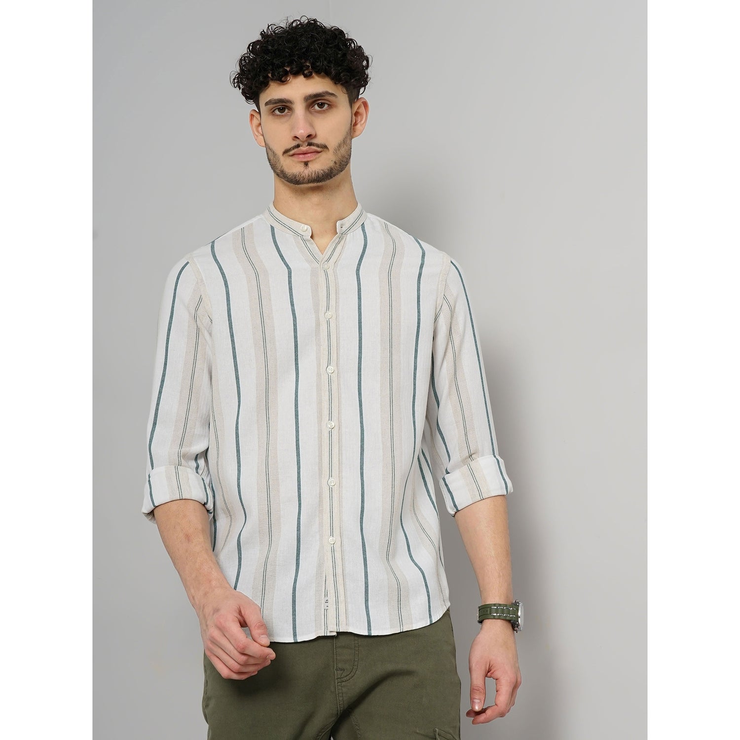 Men Blue Striped Regular Fit Cotton Linen Casual Shirt (GALINLINE)