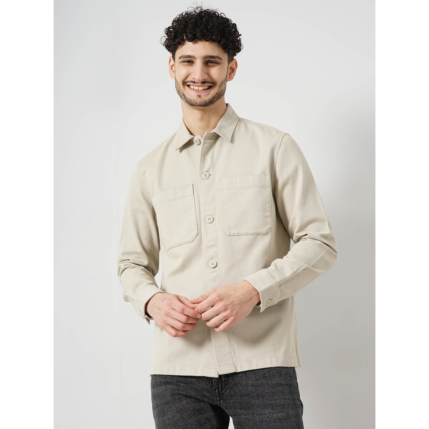 Men Beige Solid Oversized Cotton Casual Shirt (GACOTWILL)
