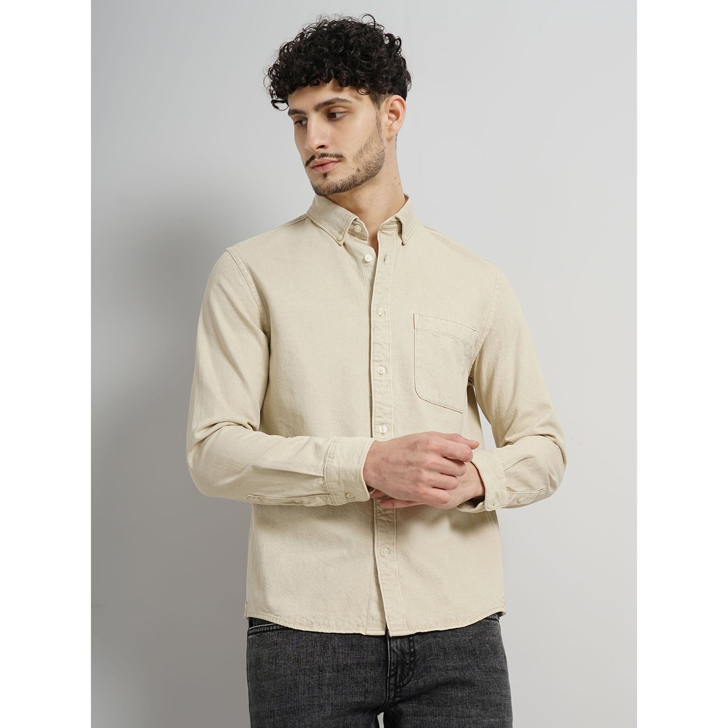 Men Beige Solid Oversized Cotton Over-Dyed Casual Shirt (GAINDIE)