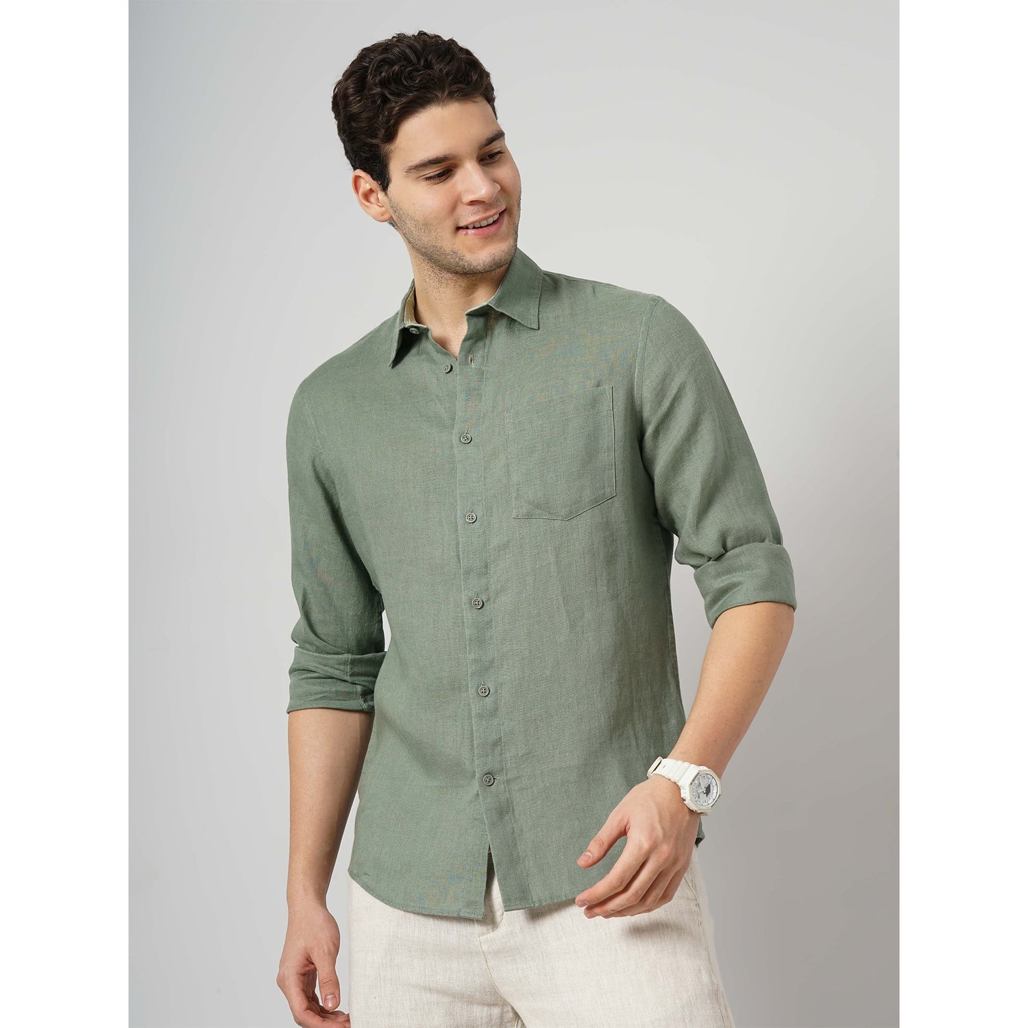 Men Olive Solid Regular Fit Linen Casual Shirt (GATALIN1)