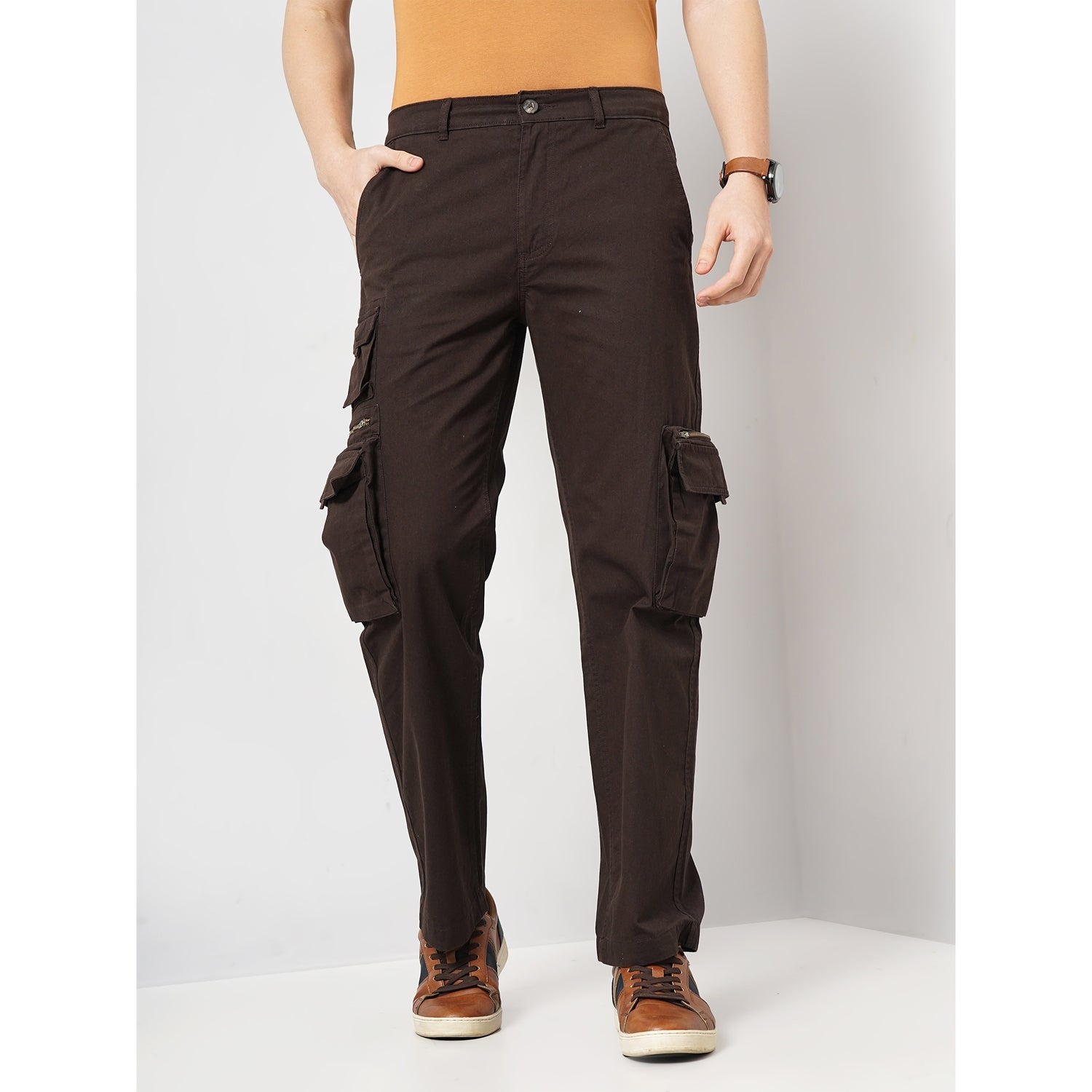 Men Brown Solid Straight Fit Cotton Trendy Joggers (GOCARGOIN)