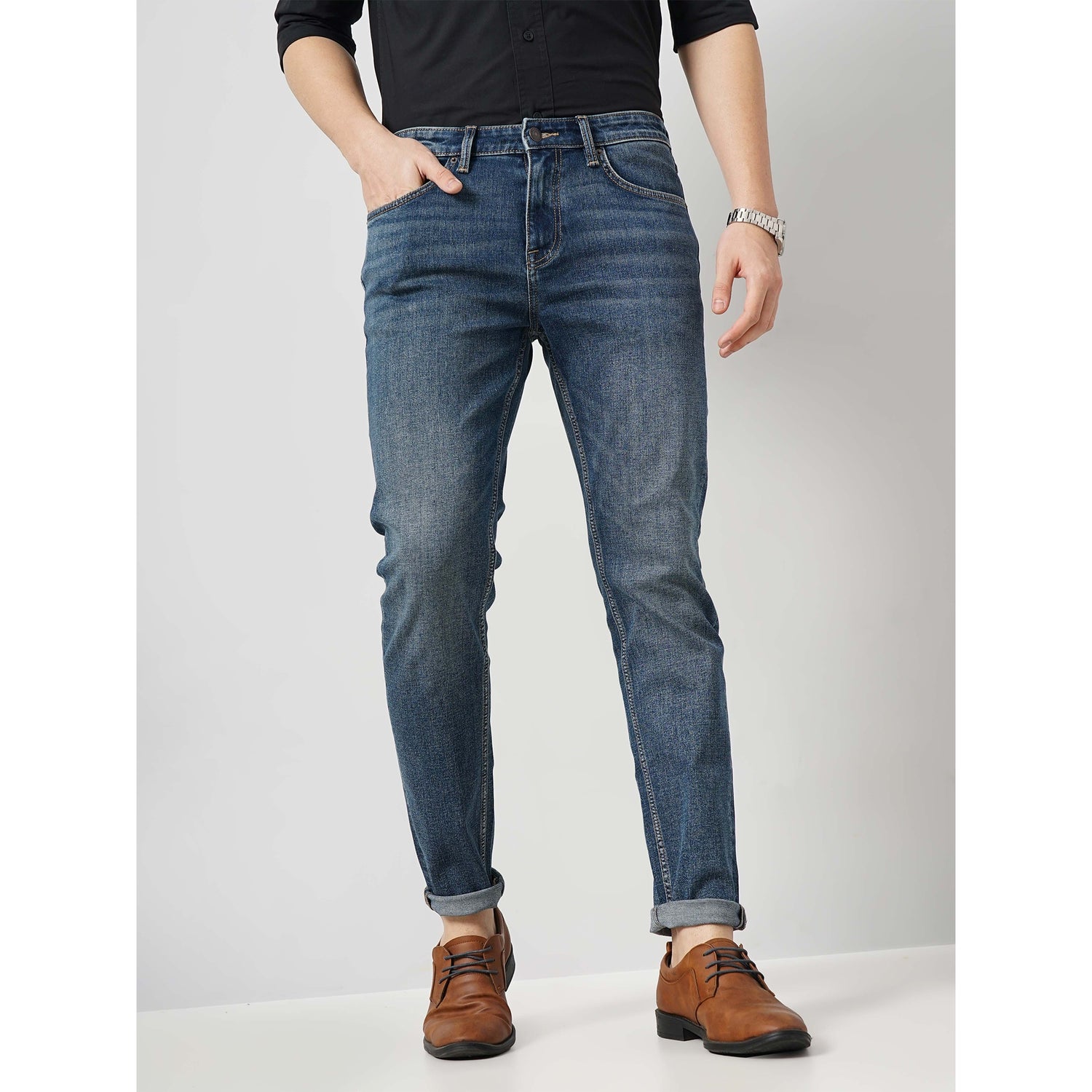 Men Blue Solid Slim Fit Cotton Stretch Twill Denim Jeans (FOSLIM)