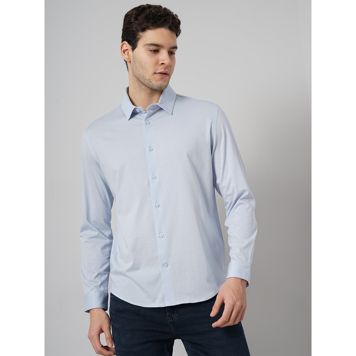 Men Blue Solid Regular Fit Cotton Knitted Casual Shirt (VAJERSEY)