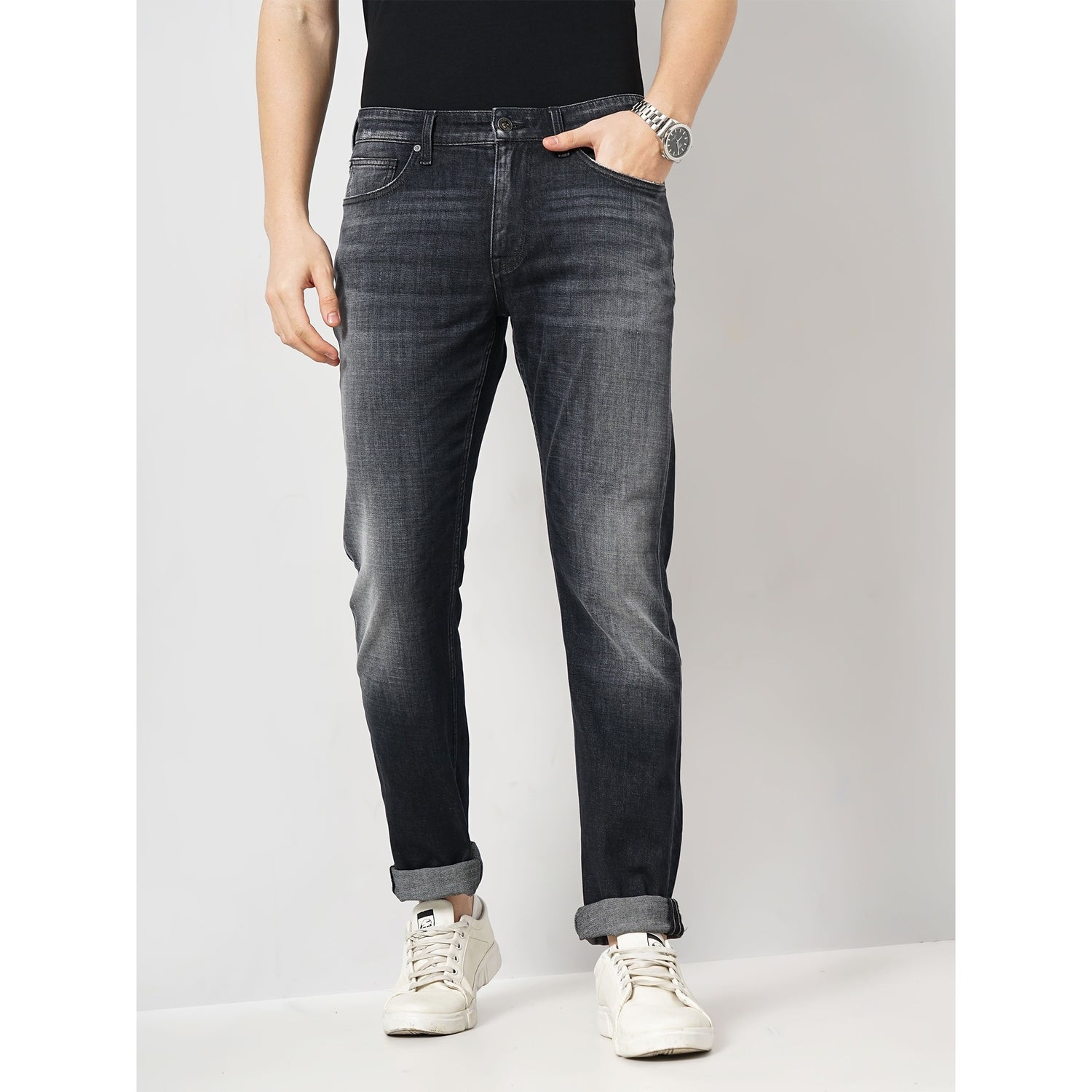 Men Black Solid Straight Fit Cotton Twill Denim Soft Touch Jeans (GOSOFT)