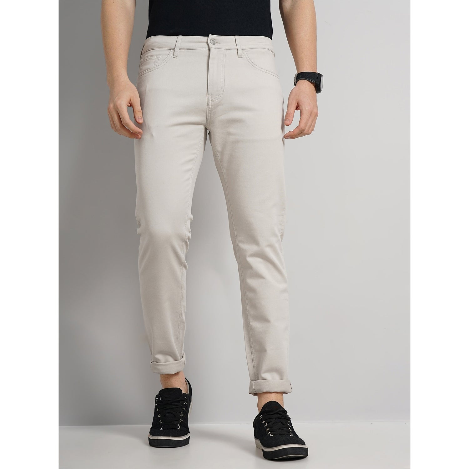Men Beige Solid Slim Fit Dobby Cotton Pants Casual Trousers (GOFIVE)