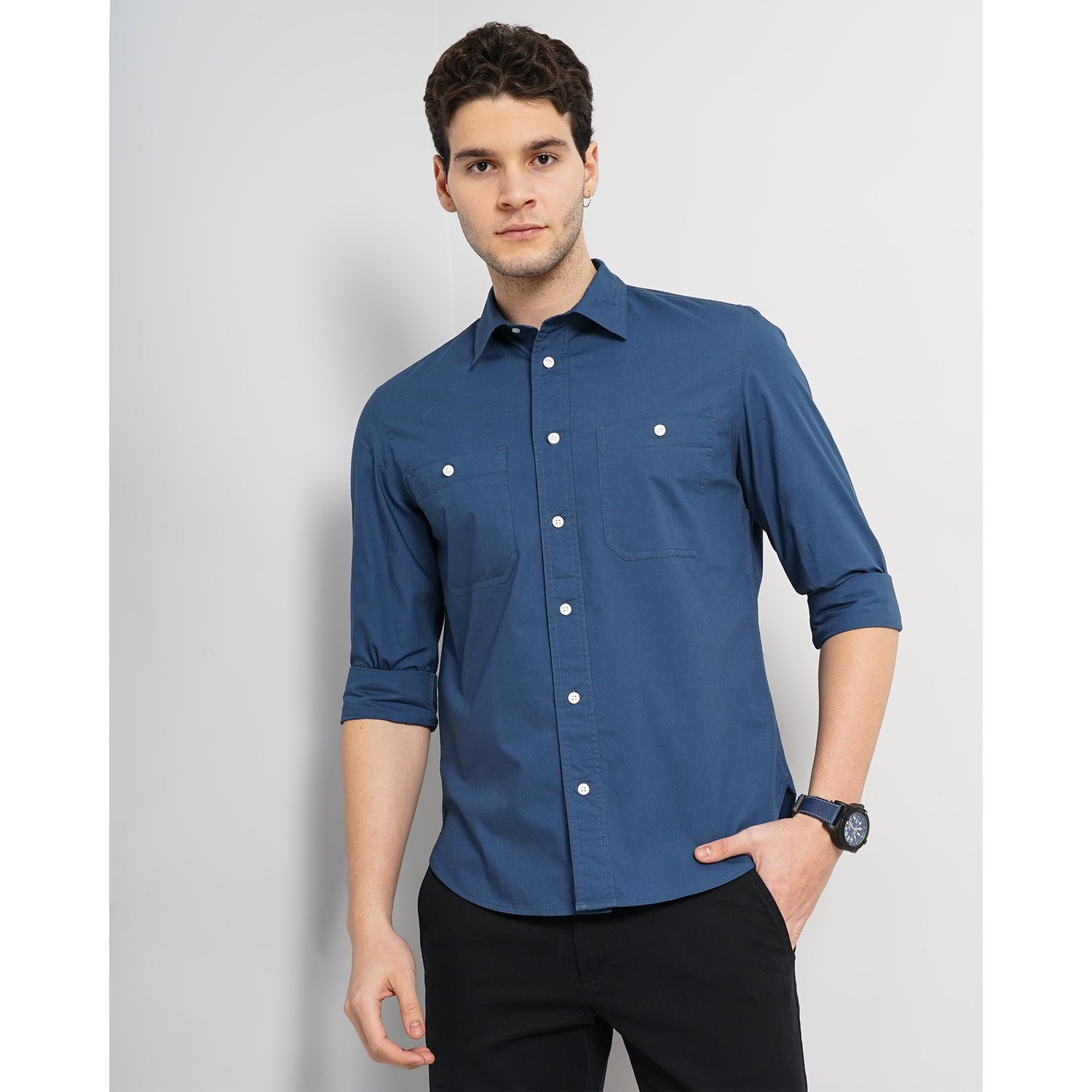Men Blue Solid Regular Fit Cotton Casual Shirt (GAGUSTI2)