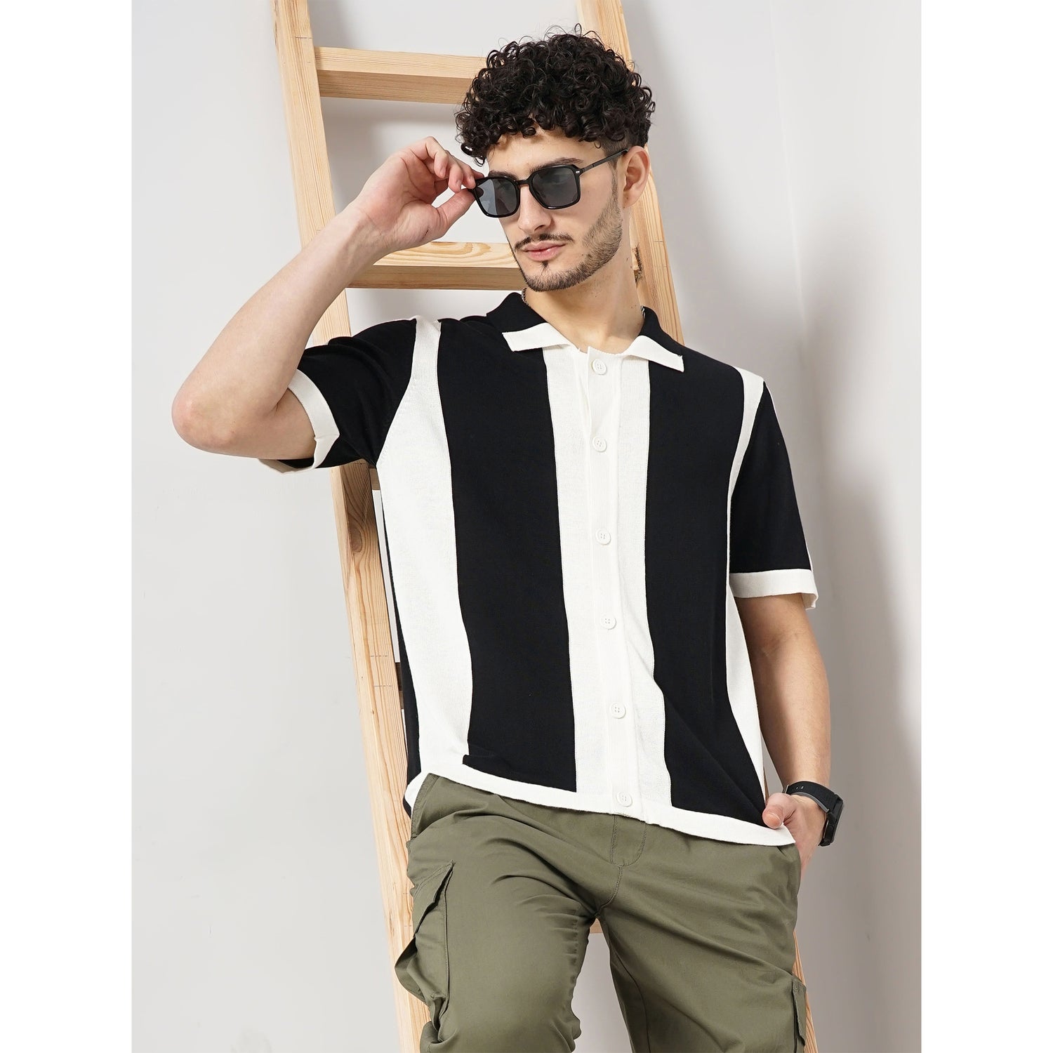 Men Black Colourblocked Regular Fit Cotton Flat Knit Shirt Tshirt (GEFLATSH1)