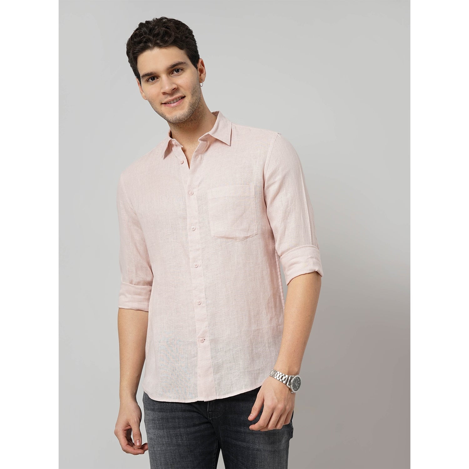Men Pink Solid Regular Fit Linen Casual Shirt (GATALIN)