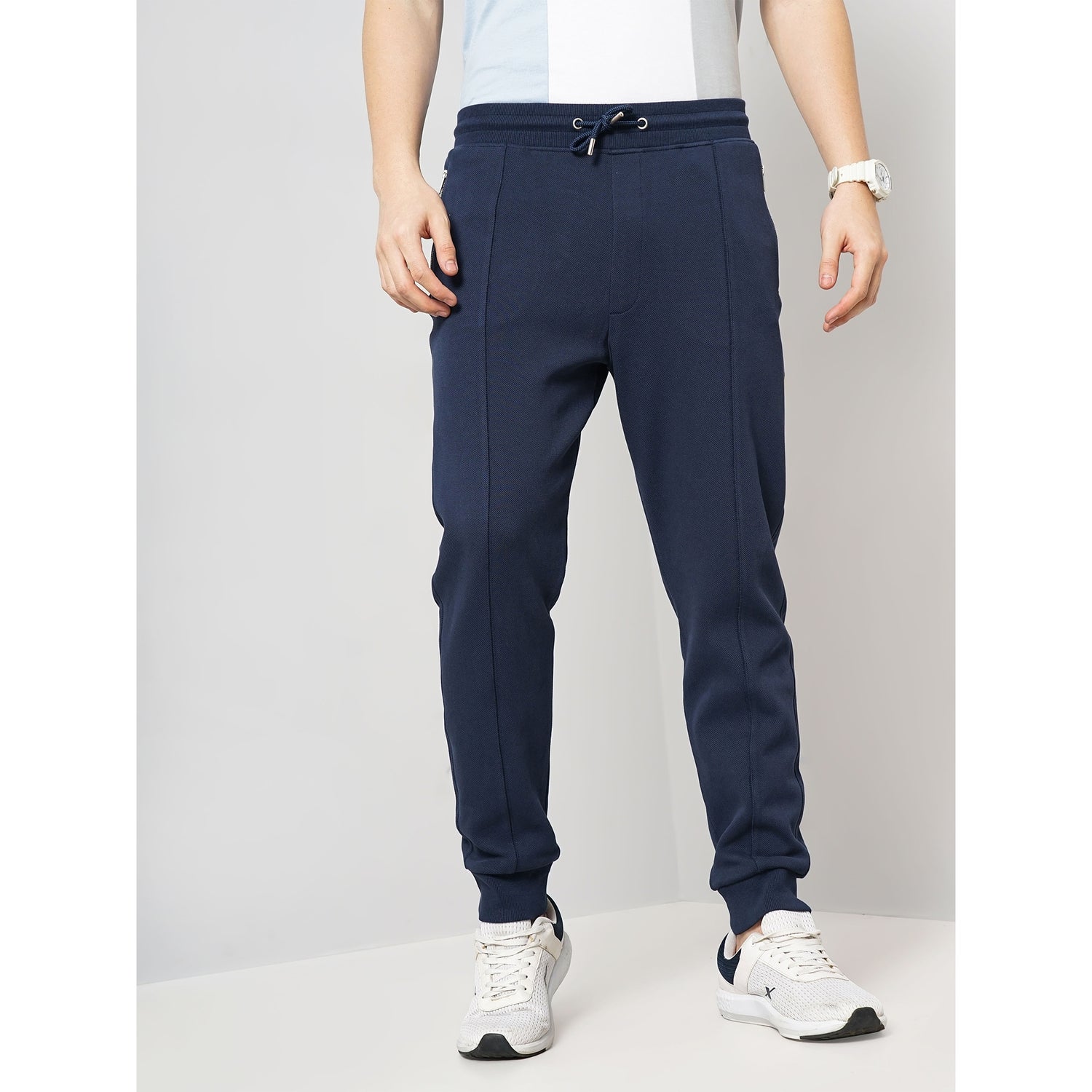 Men Navy Blue Solid Loose Fit Cotton Pique Knitted Jogger Casual Trousers (GOPIQUET)
