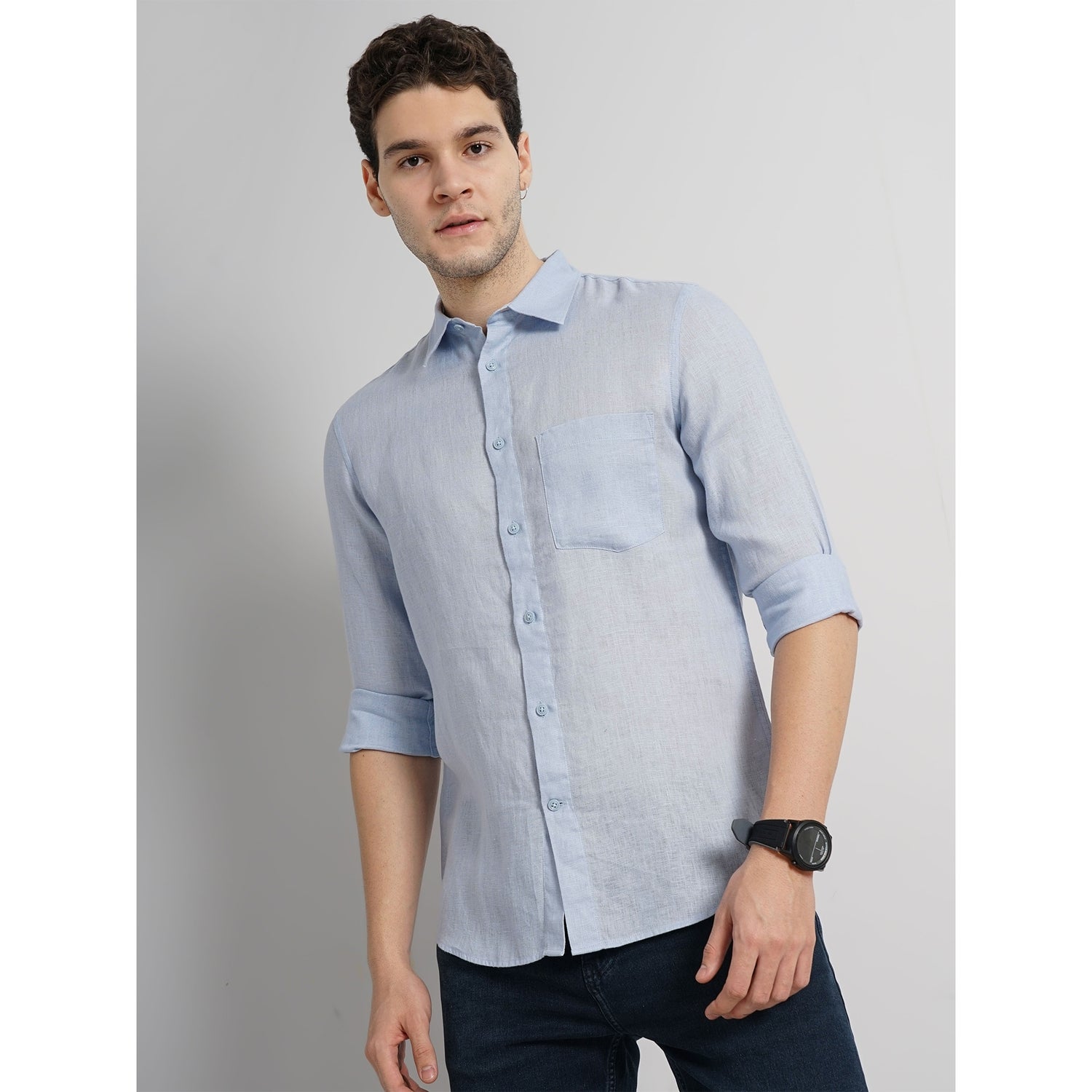 Men Blue Solid Regular Fit Linen Casual Shirt (GATALIN)